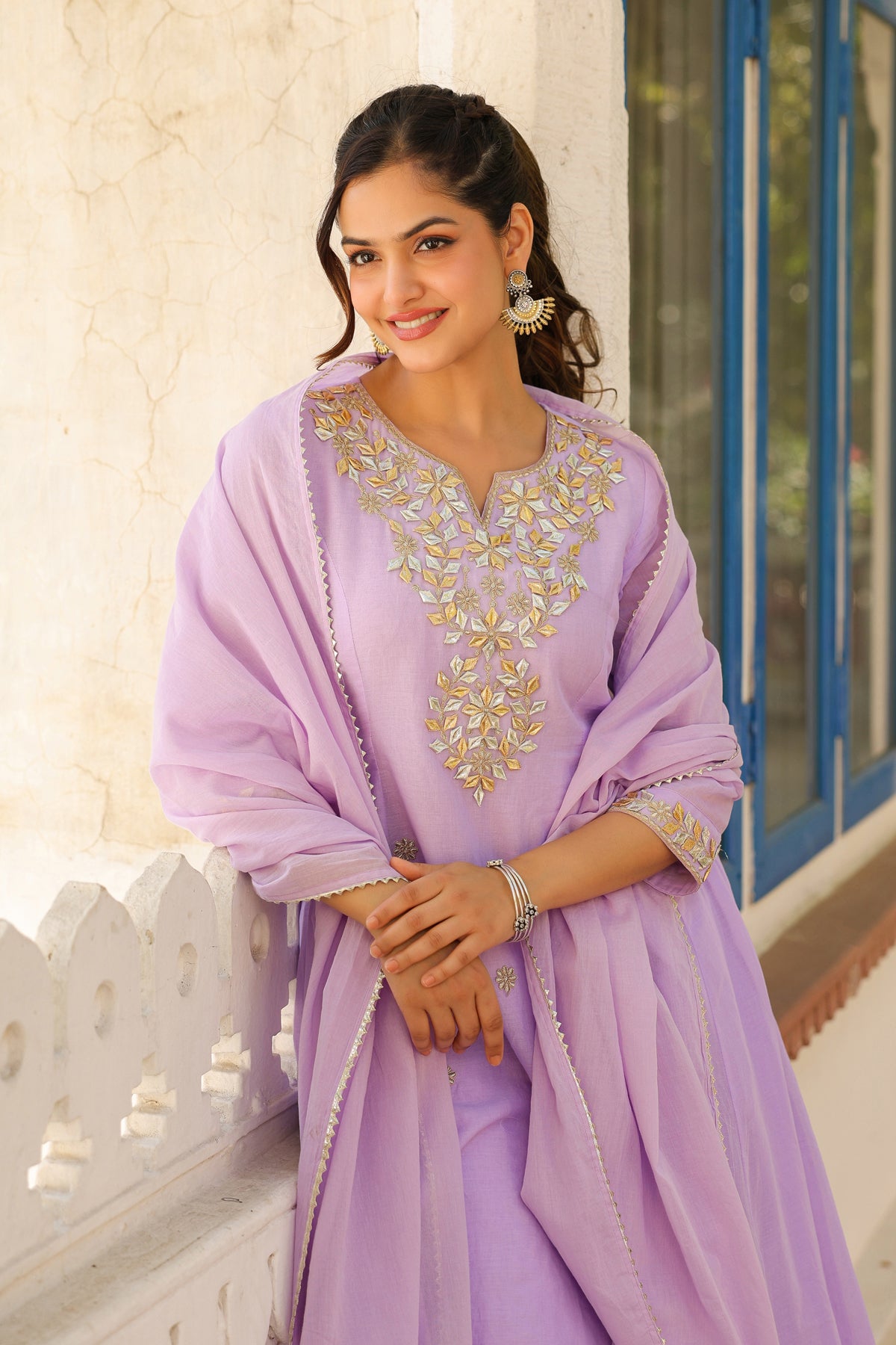 Lavender Mulmul Gota Patti & Zari Embroidered Anarkali Set