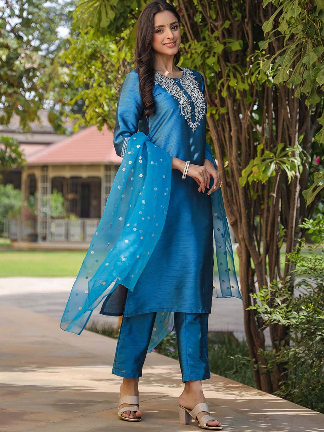Shiny Poly Silk Embroidered Kurta Pant with Dupatta, 3pc set