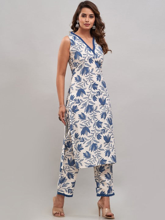 White & Grey Printed Cotton Sleevless Co-rd set, 2pc, TK164