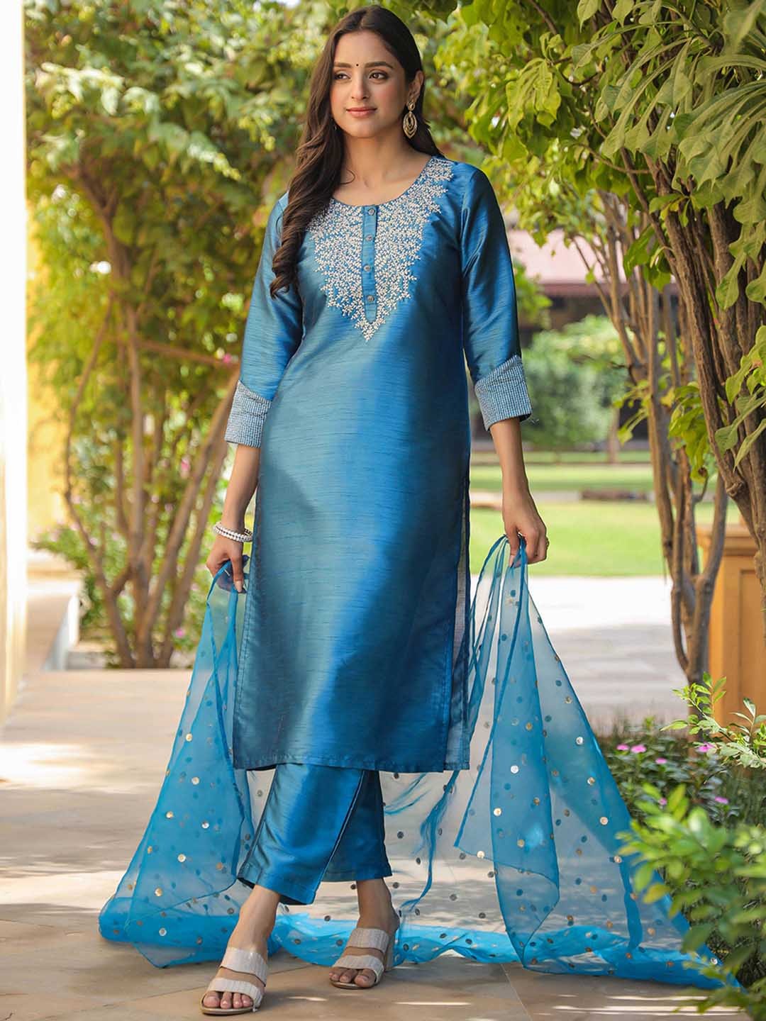 Shiny Poly Silk Embroidered Kurta Pant with Dupatta, 3pc set