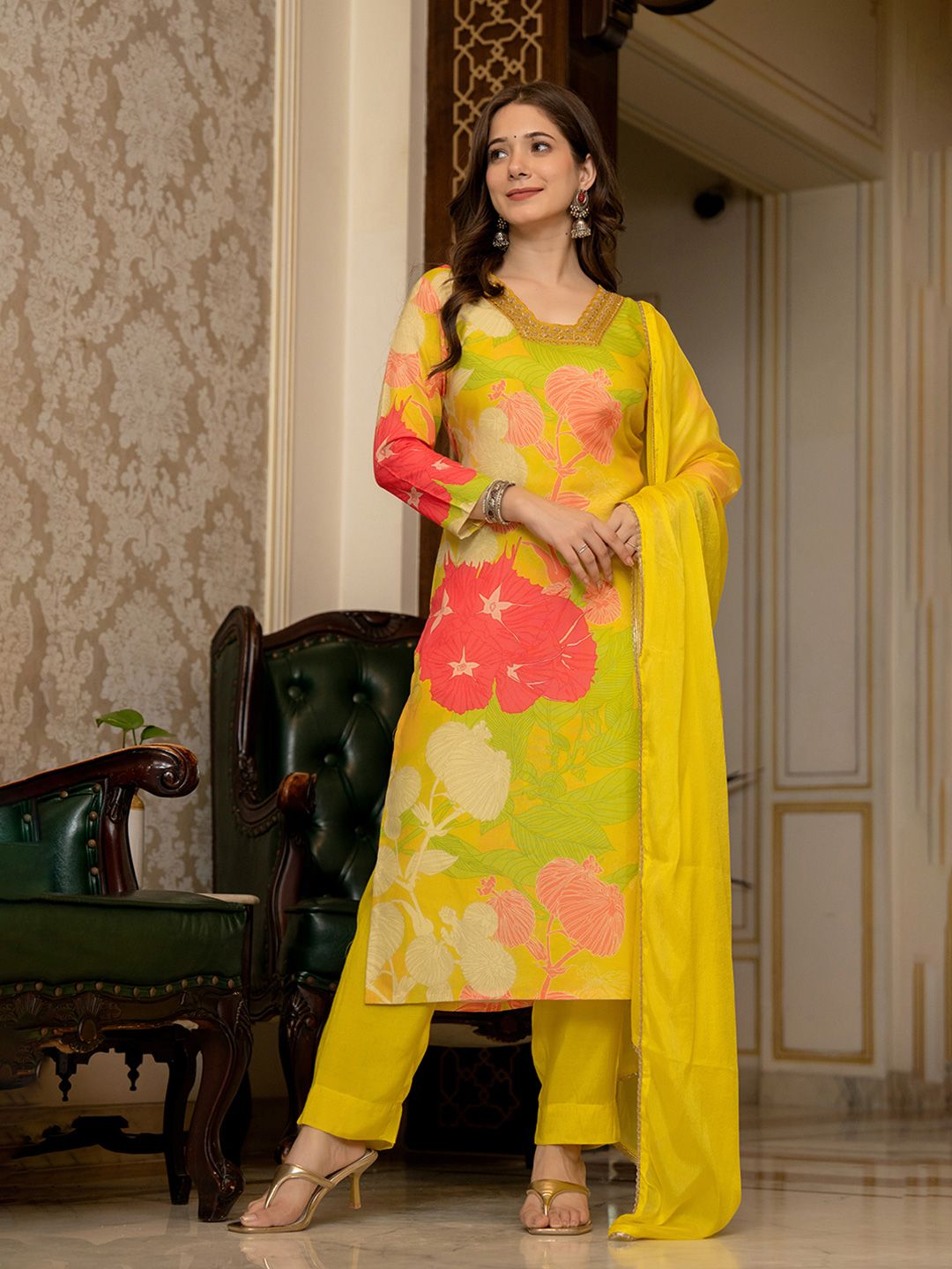 Yellow Floral Printed Rayon Kurta Pant with Dupatta, 3pc set