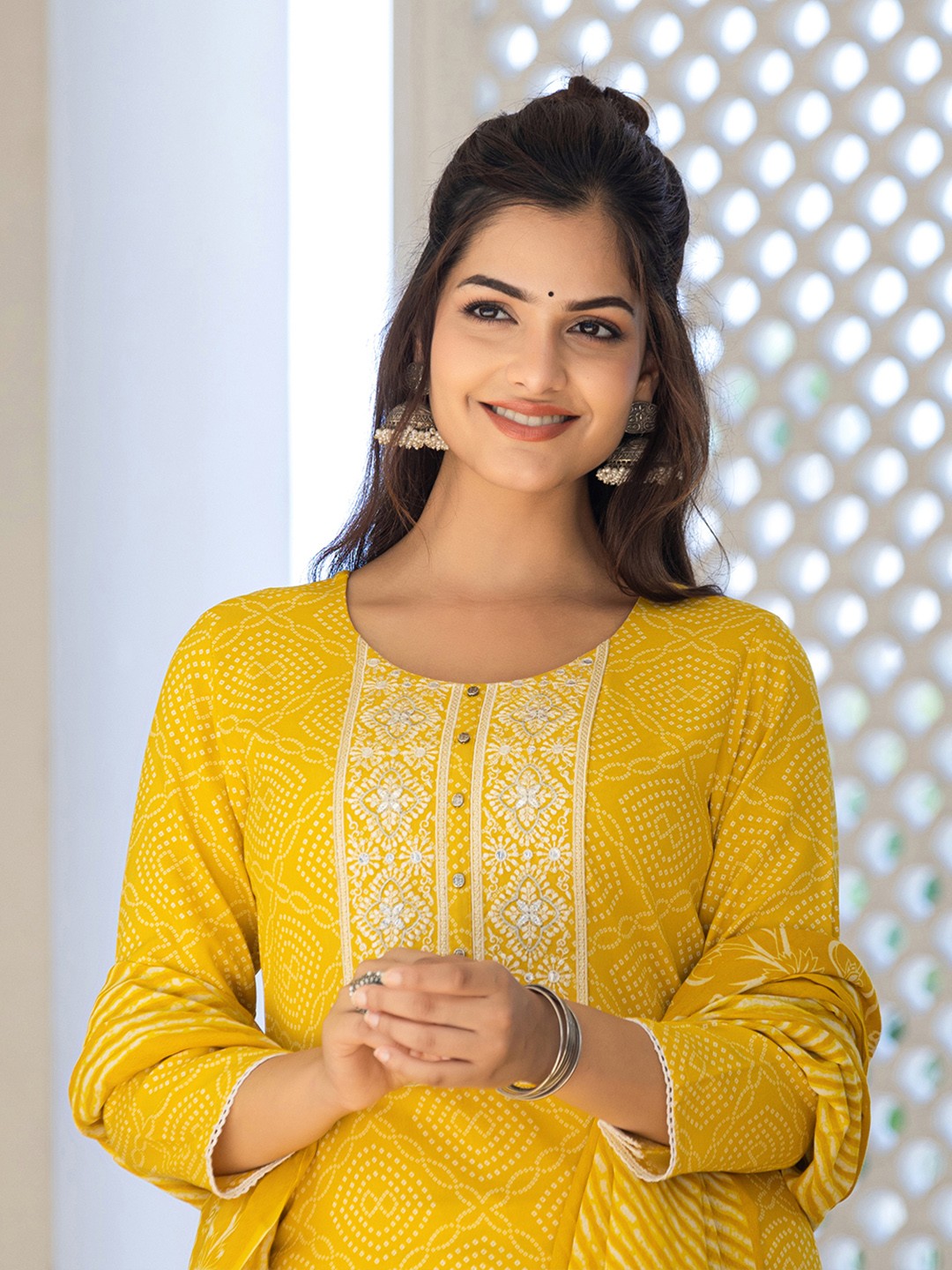 Yellow Bandhani Printed Viscose Kurta Pant with Dupatta, 3pc set