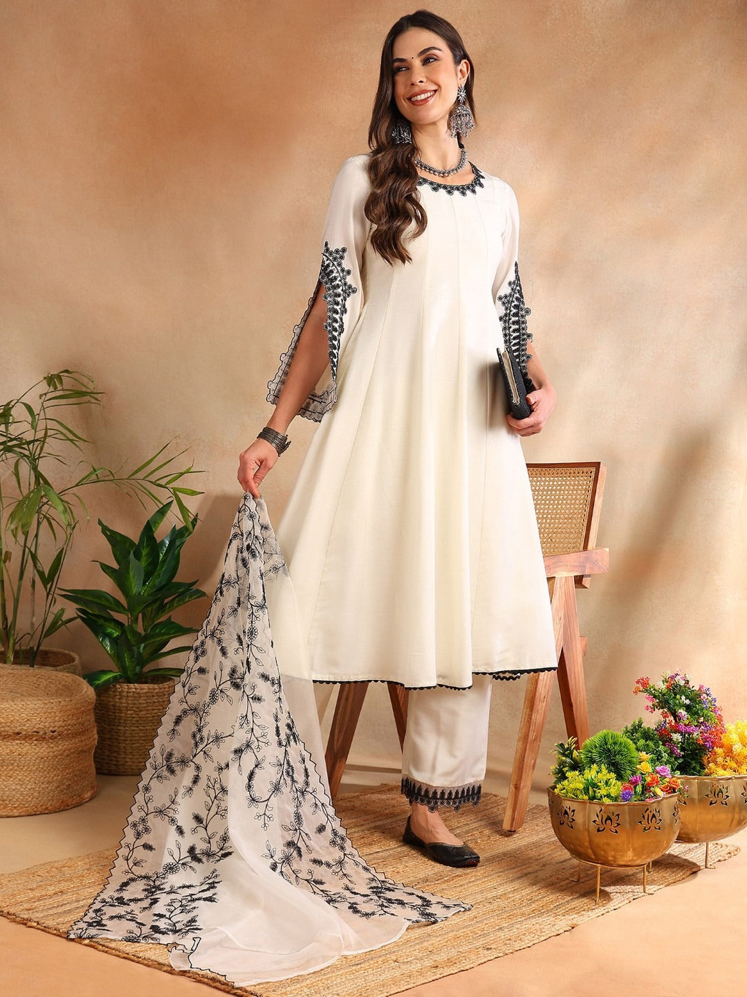Designer Silk Blend Solid Embroidered Anarkali Suit Set