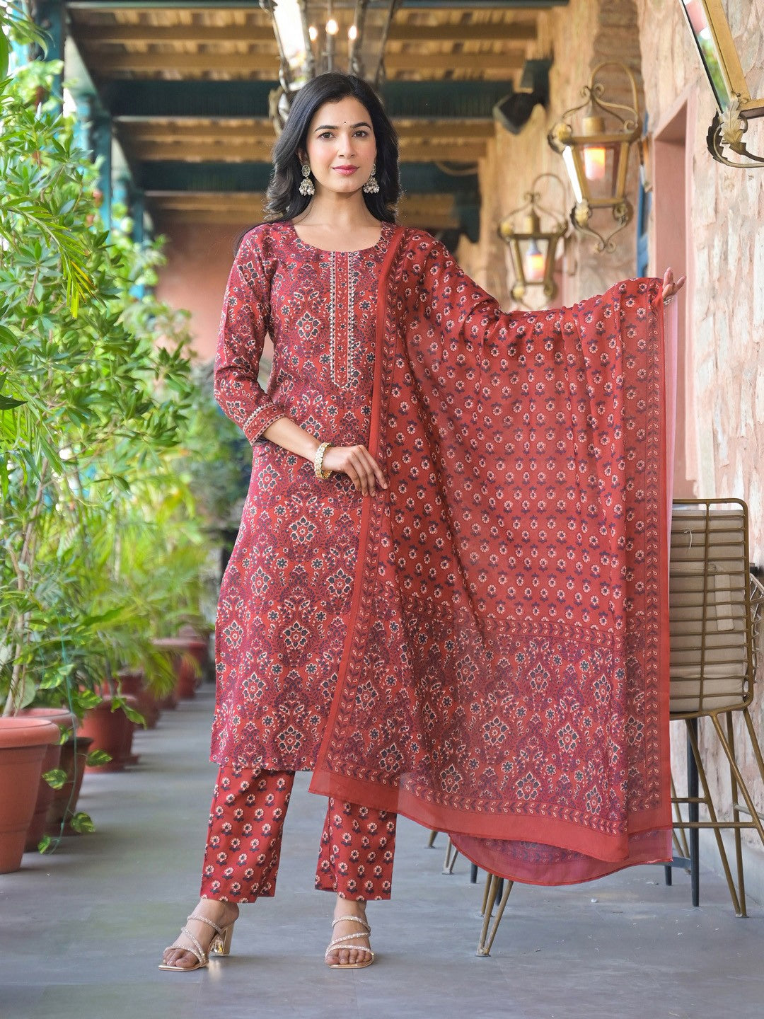 Red Printed Cotton Blend Kurta Pant with Dupatta, 3pc set