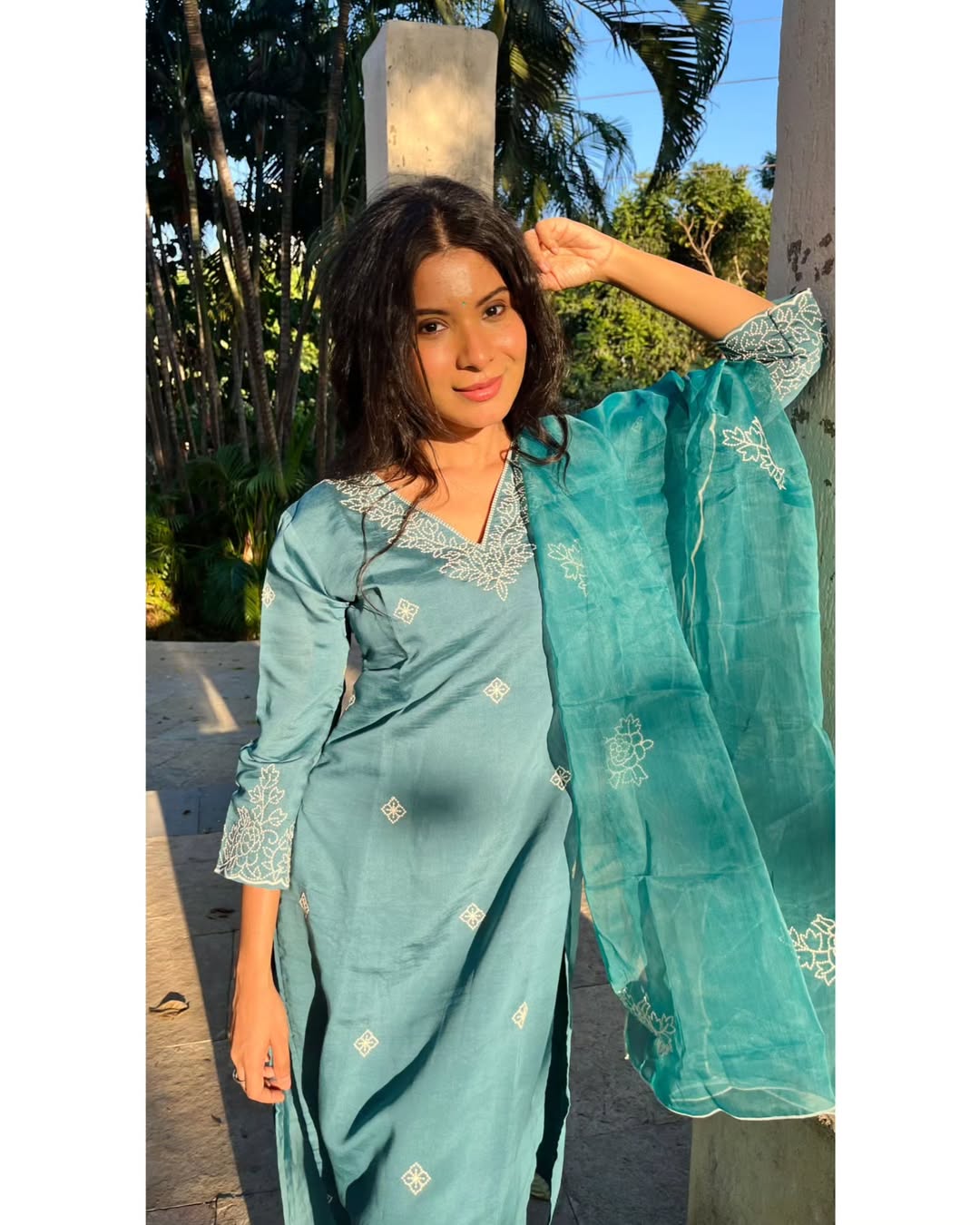 Pine Green embroidered viscose silk suit set with dupatta, 3pc, TK182