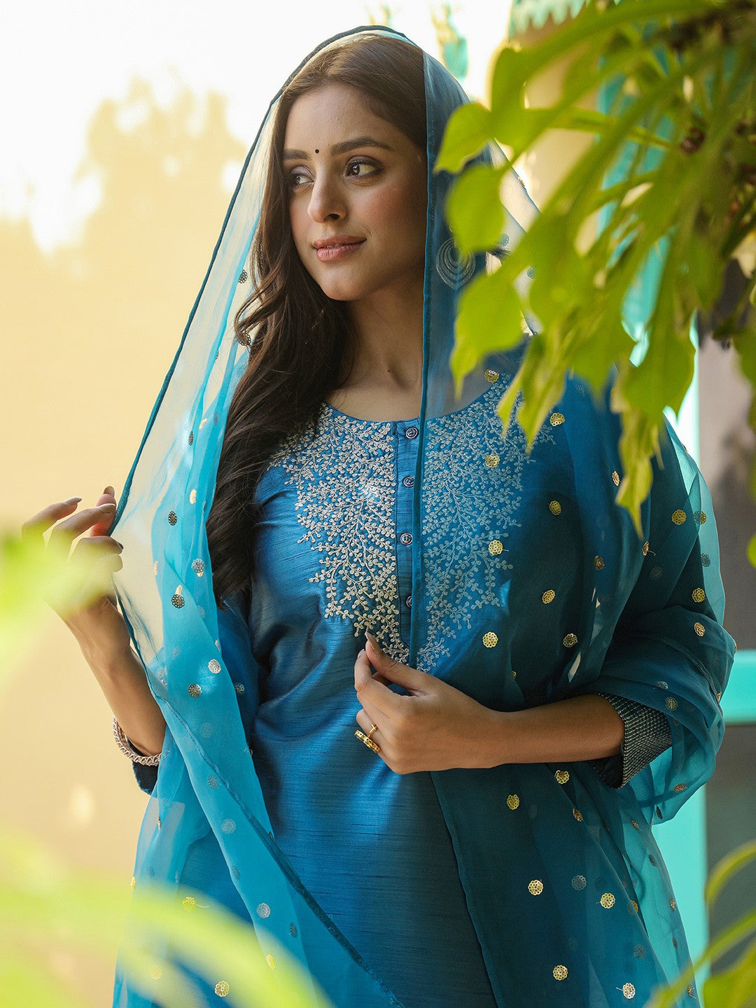 Shiny Poly Silk Embroidered Kurta Pant with Dupatta, 3pc set
