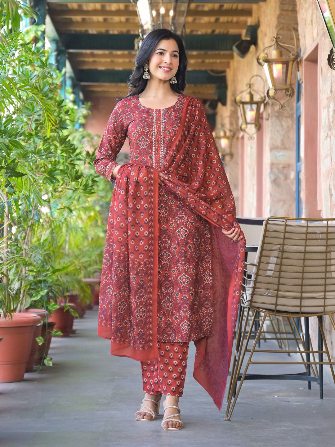 Red Printed Cotton Blend Kurta Pant with Dupatta, 3pc set
