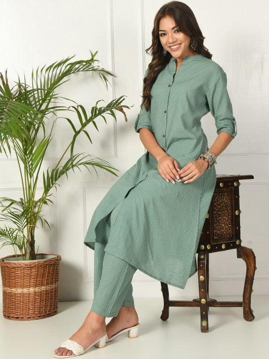 Kaatha work Cotton Long Co-ord set with Mandarin collar, 2pc, TK148-157