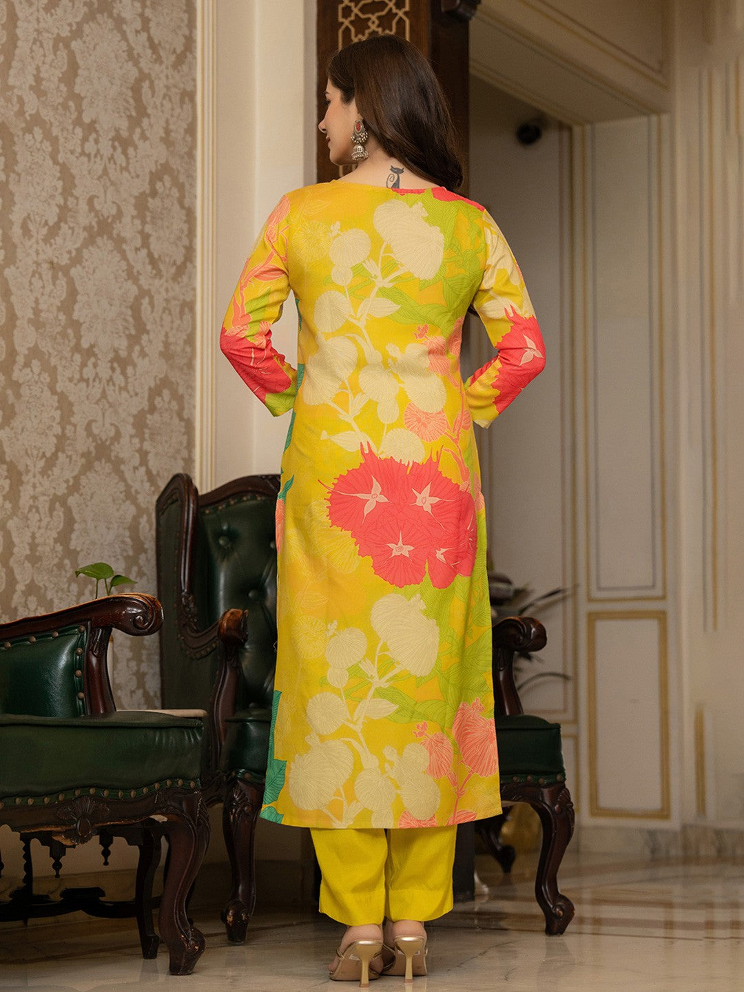 Yellow Floral Printed Rayon Kurta Pant with Dupatta, 3pc set
