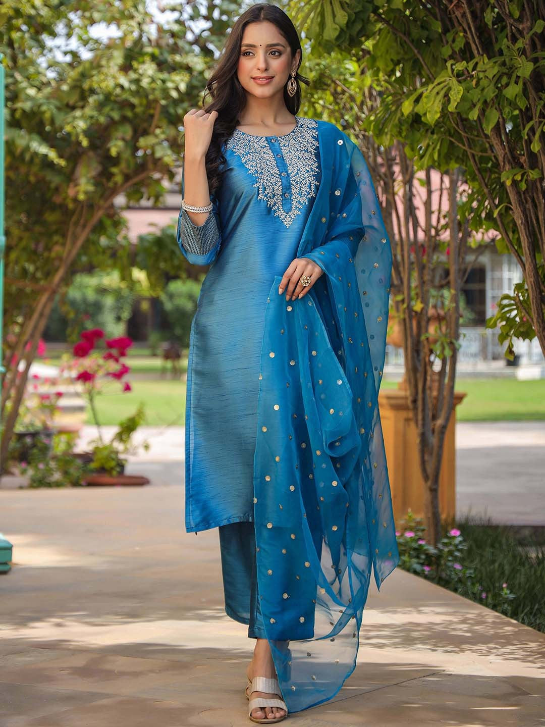 Shiny Poly Silk Embroidered Kurta Pant with Dupatta, 3pc set