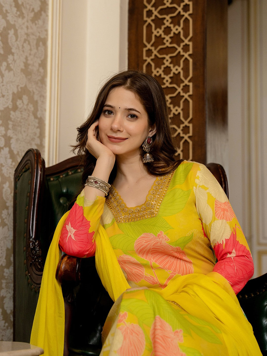 Yellow Floral Printed Rayon Kurta Pant with Dupatta, 3pc set