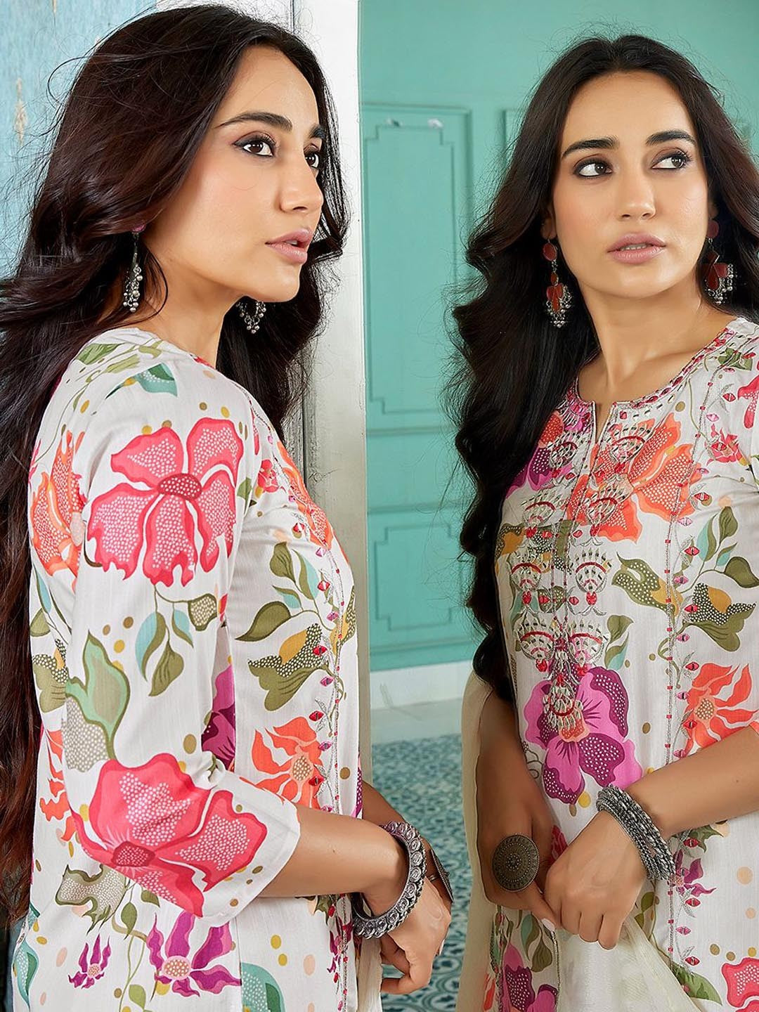 Multicolored Floral n Mirror Work Embroidered Viscose Straight Kurta Sharara with Dupatta, 3pc, TK207