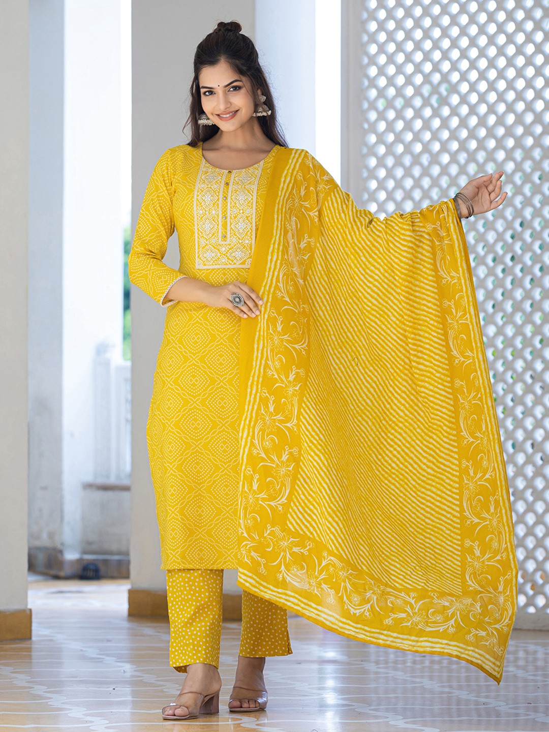 Yellow Bandhani Printed Viscose Kurta Pant with Dupatta, 3pc set