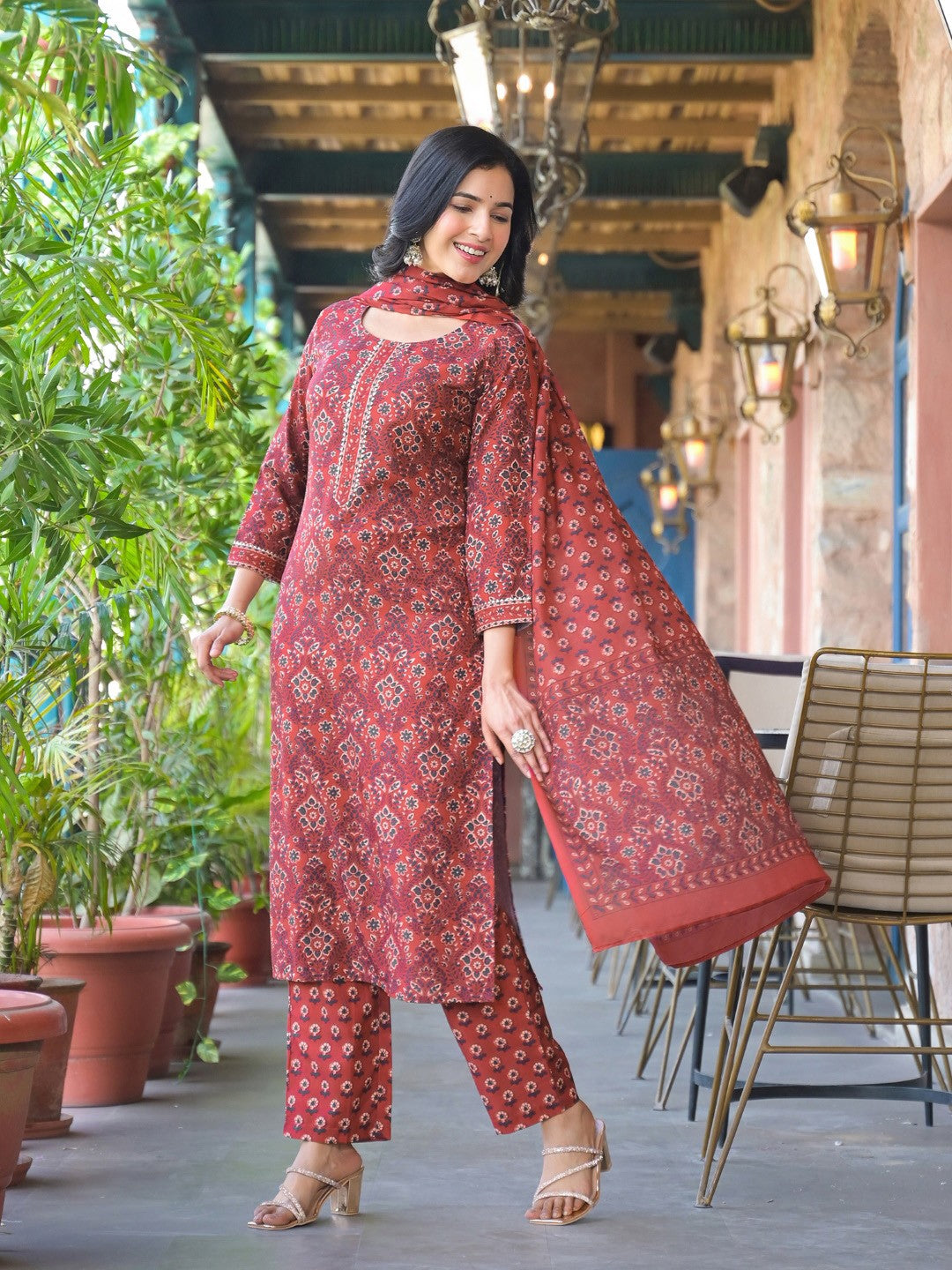 Red Printed Cotton Blend Kurta Pant with Dupatta, 3pc set