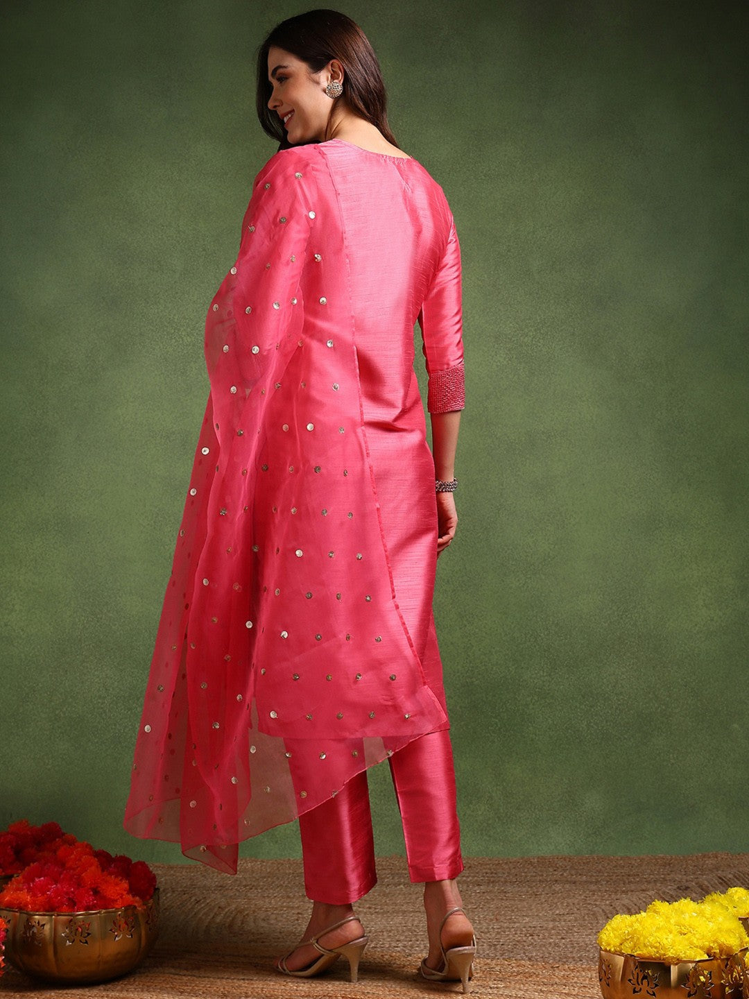 Shiny Poly Silk Embroidered Kurta Pant with Dupatta, 3pc set