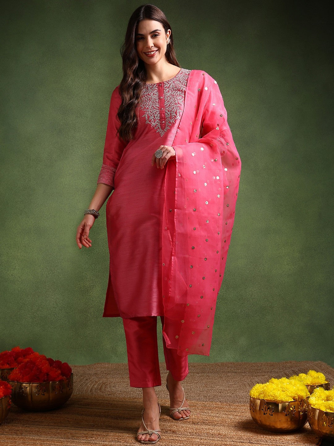 Shiny Poly Silk Embroidered Kurta Pant with Dupatta, 3pc set