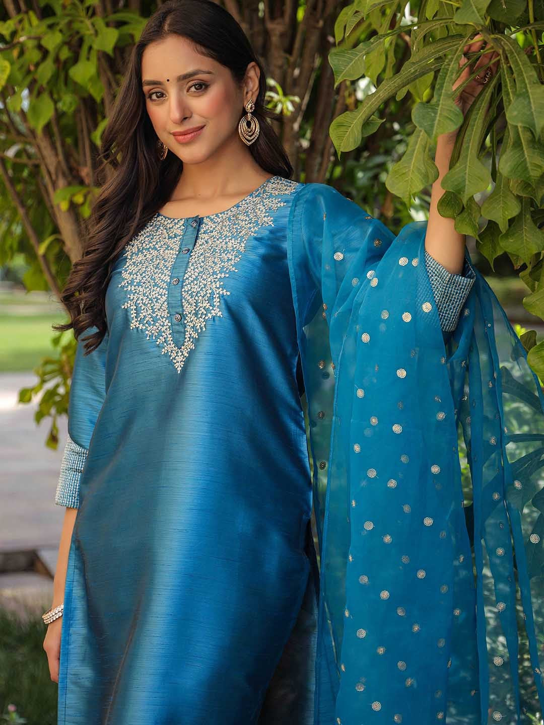 Shiny Poly Silk Embroidered Kurta Pant with Dupatta, 3pc set