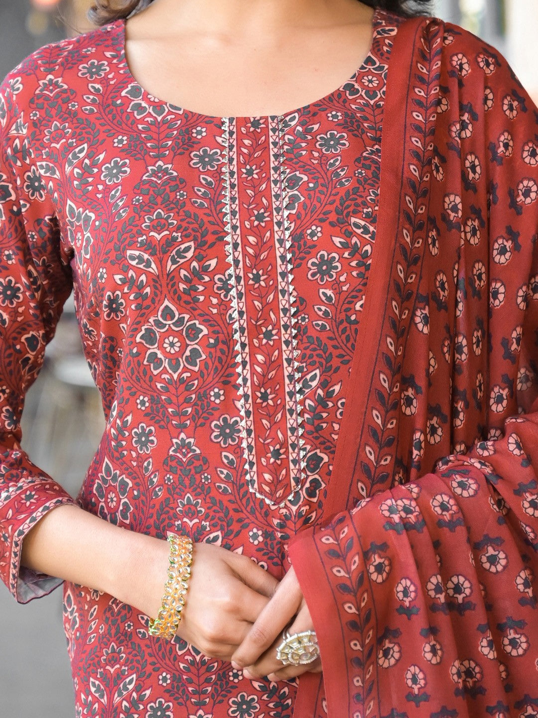 Red Printed Cotton Blend Kurta Pant with Dupatta, 3pc set
