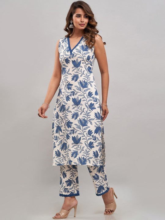 White & Grey Printed Cotton Sleevless Co-rd set, 2pc, TK164