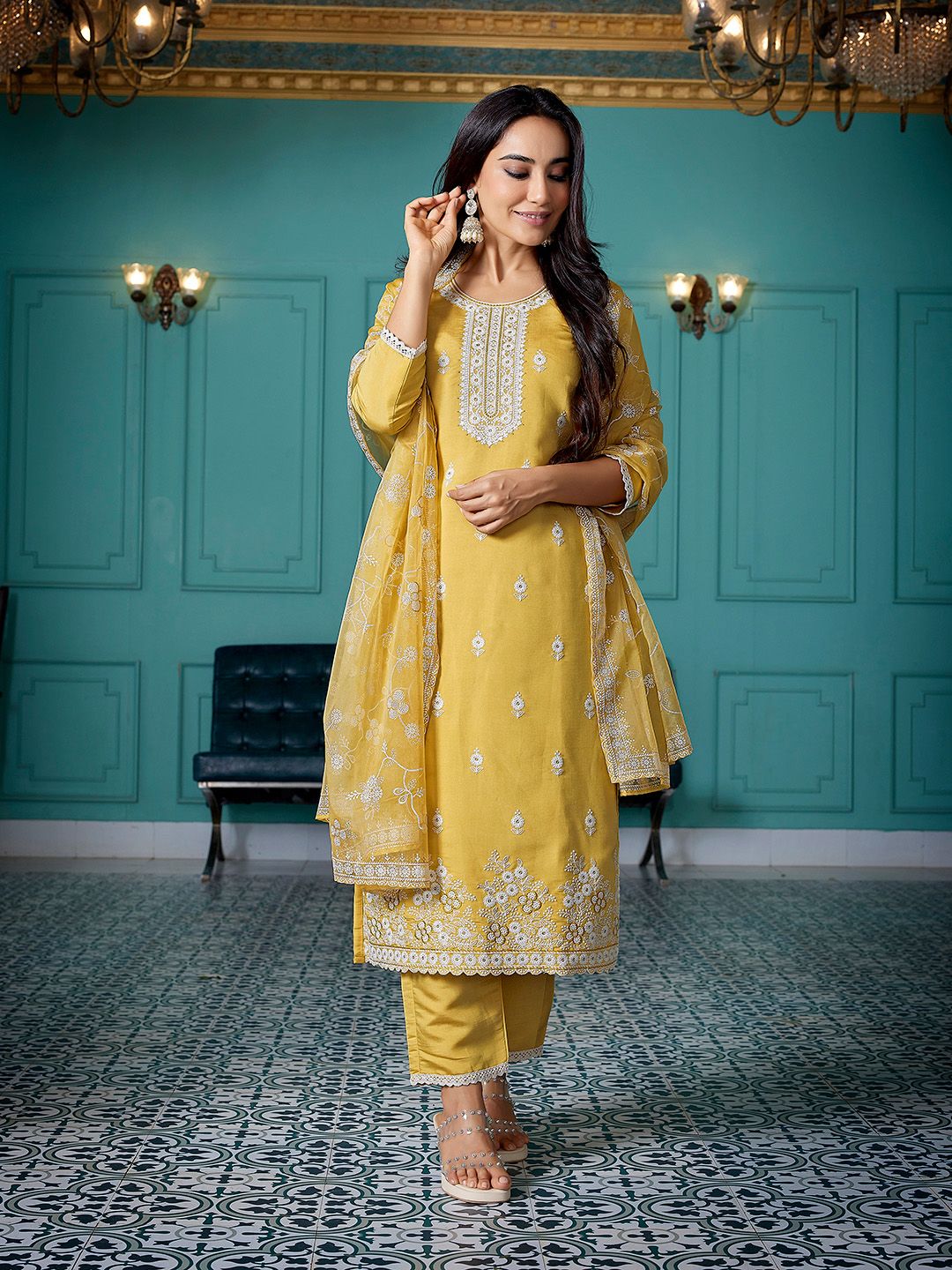 Yellow Chanderi Ethnic Motifs Embroidered Straight Kurta Pant with Dupatta, 3pc, TK202