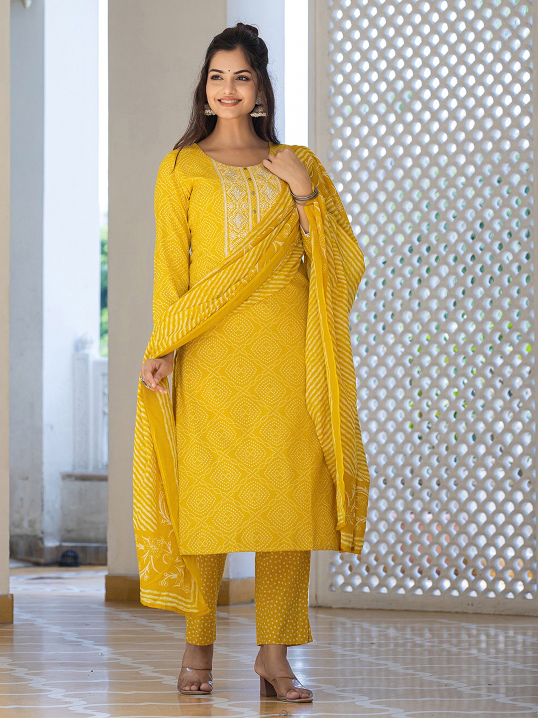Yellow Bandhani Printed Viscose Kurta Pant with Dupatta, 3pc set