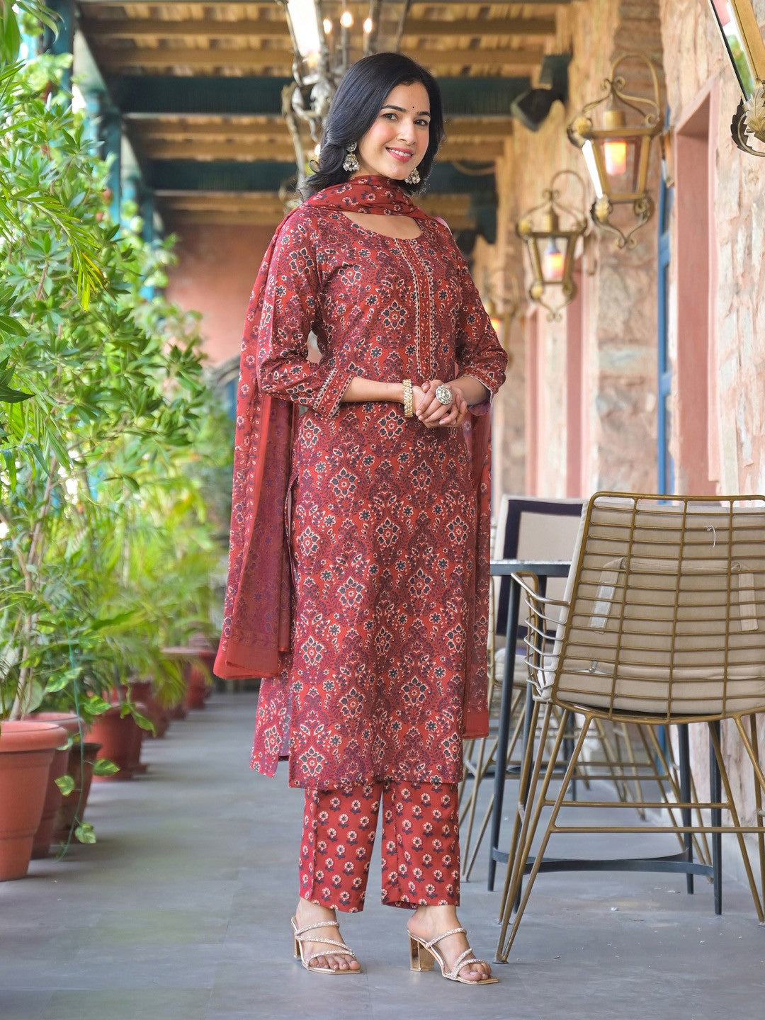 Red Printed Cotton Blend Kurta Pant with Dupatta, 3pc set