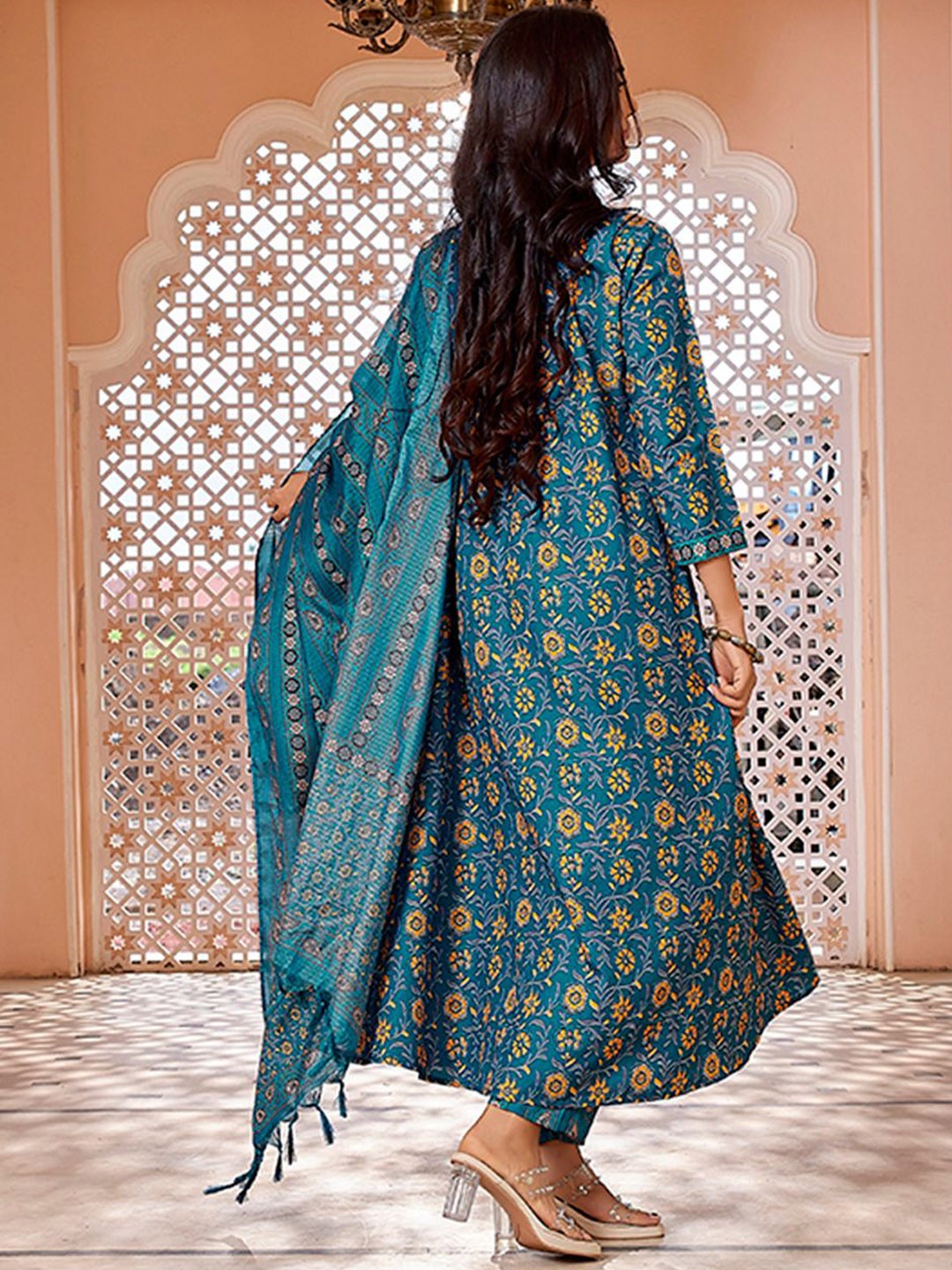 Teal Blue Floral Printed n Embroided Flared Viscose Kurta Pant with Dupatta, 3pc, TK201