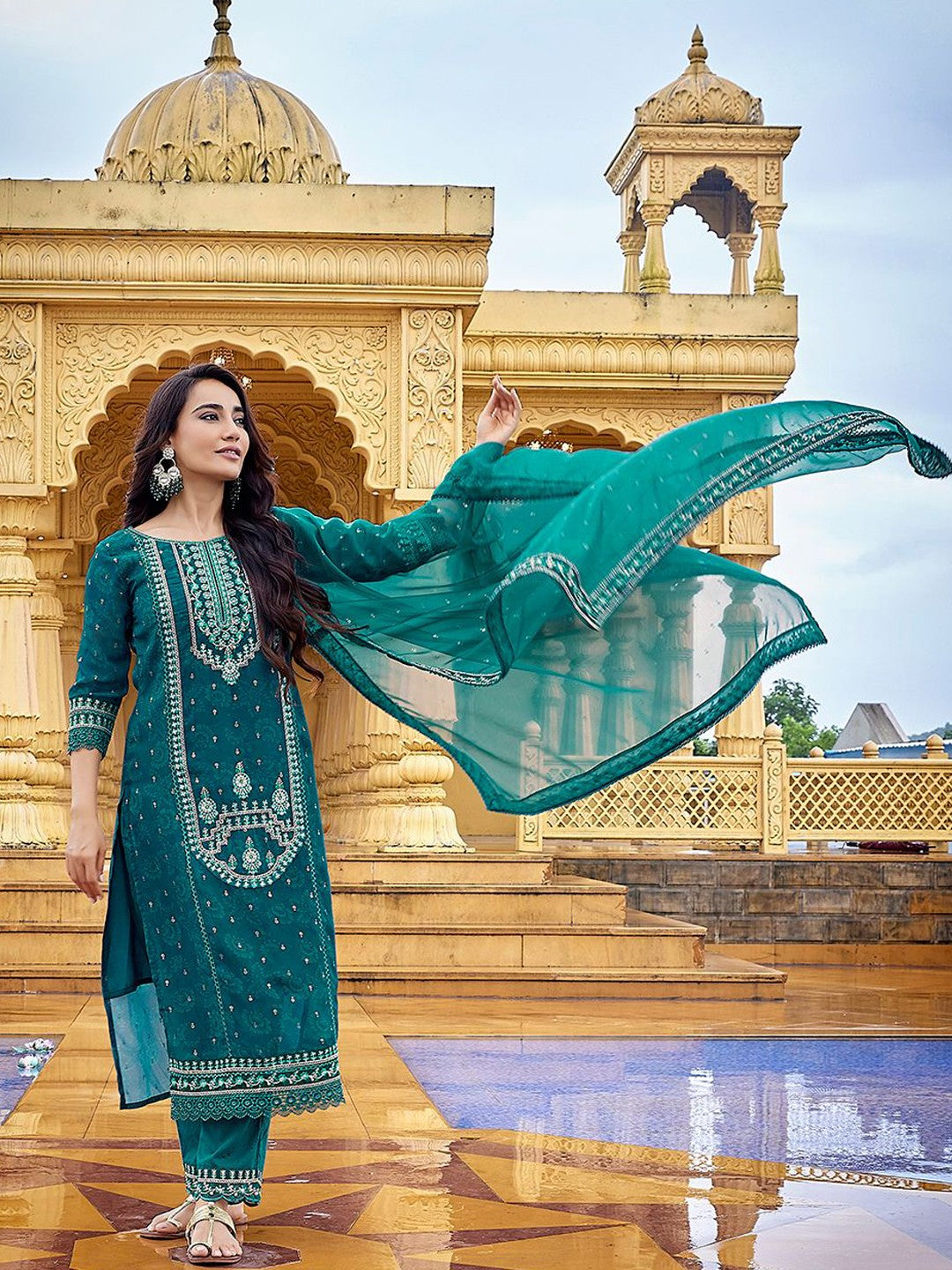Rama Blue Faux Georgette Ethnic Motifs Embroidered Straight Kurta Pant with Dupatta, 3pc, TK200