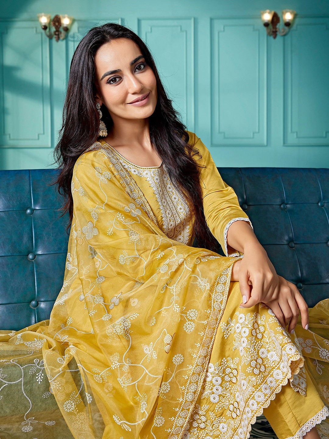 Yellow Chanderi Ethnic Motifs Embroidered Straight Kurta Pant with Dupatta, 3pc, TK202