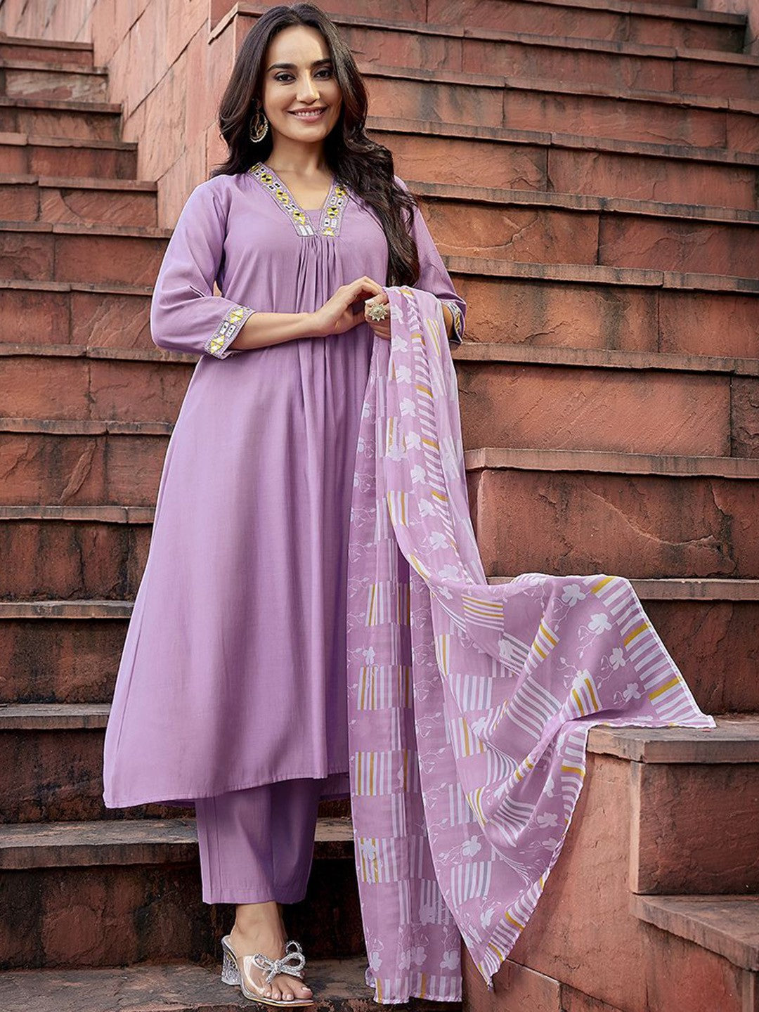 Yoke Design with Mirror Work & Solid Flared Viscose Kurta Pant with Dupatta, 3pc, TK208-209
