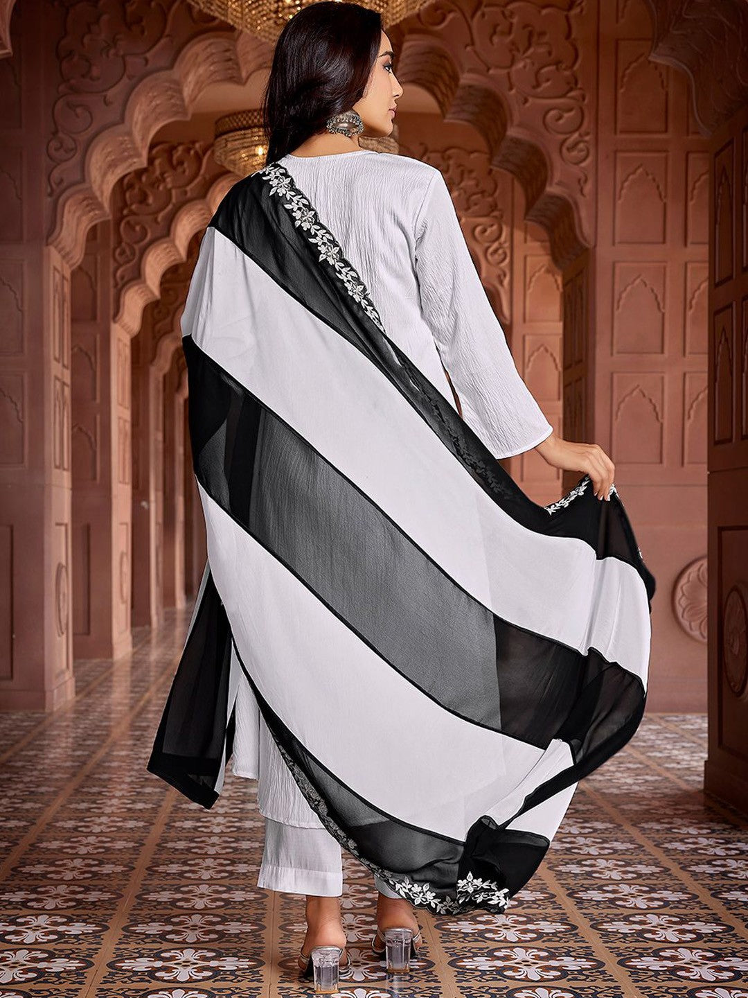 Black and white Yoke n Sequence Design Solid Flared Viscose Kurta Pant with Dupatta, 3pc, TK211