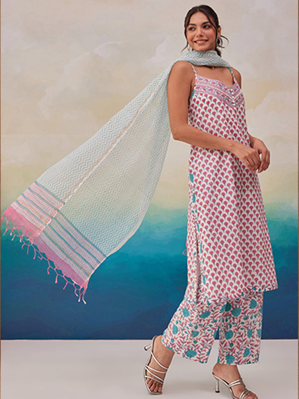 Women's Cotton Blend Printed Kurta with Pants & Dupatta- 3pc set, TK087