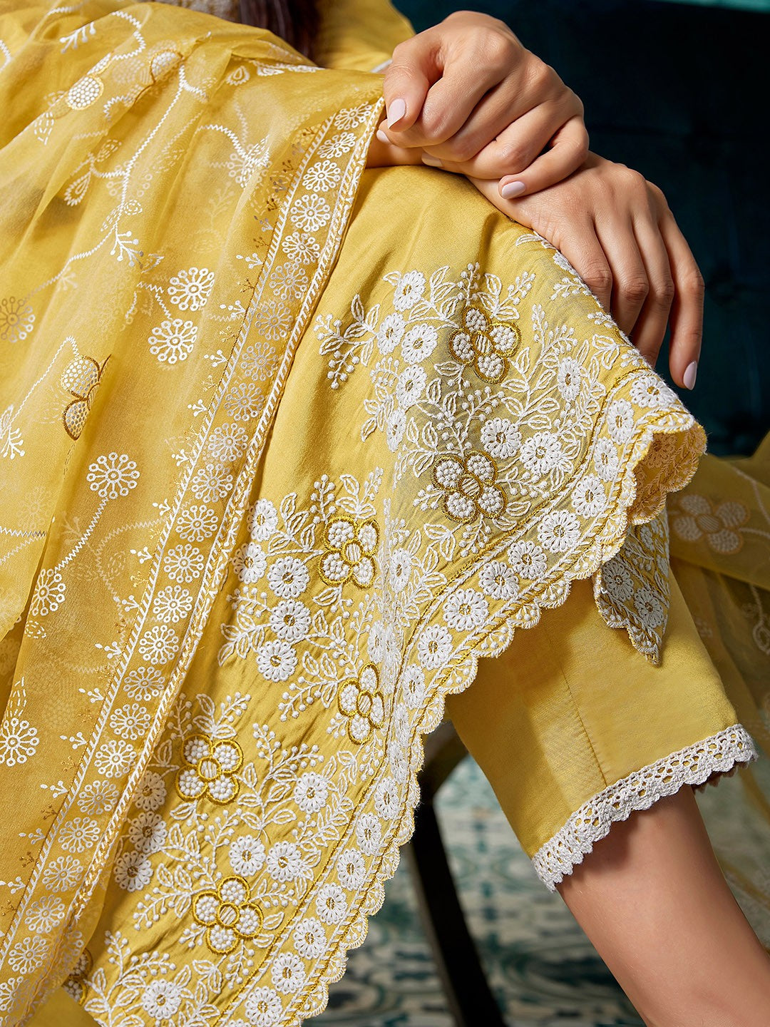 Yellow Chanderi Ethnic Motifs Embroidered Straight Kurta Pant with Dupatta, 3pc, TK202