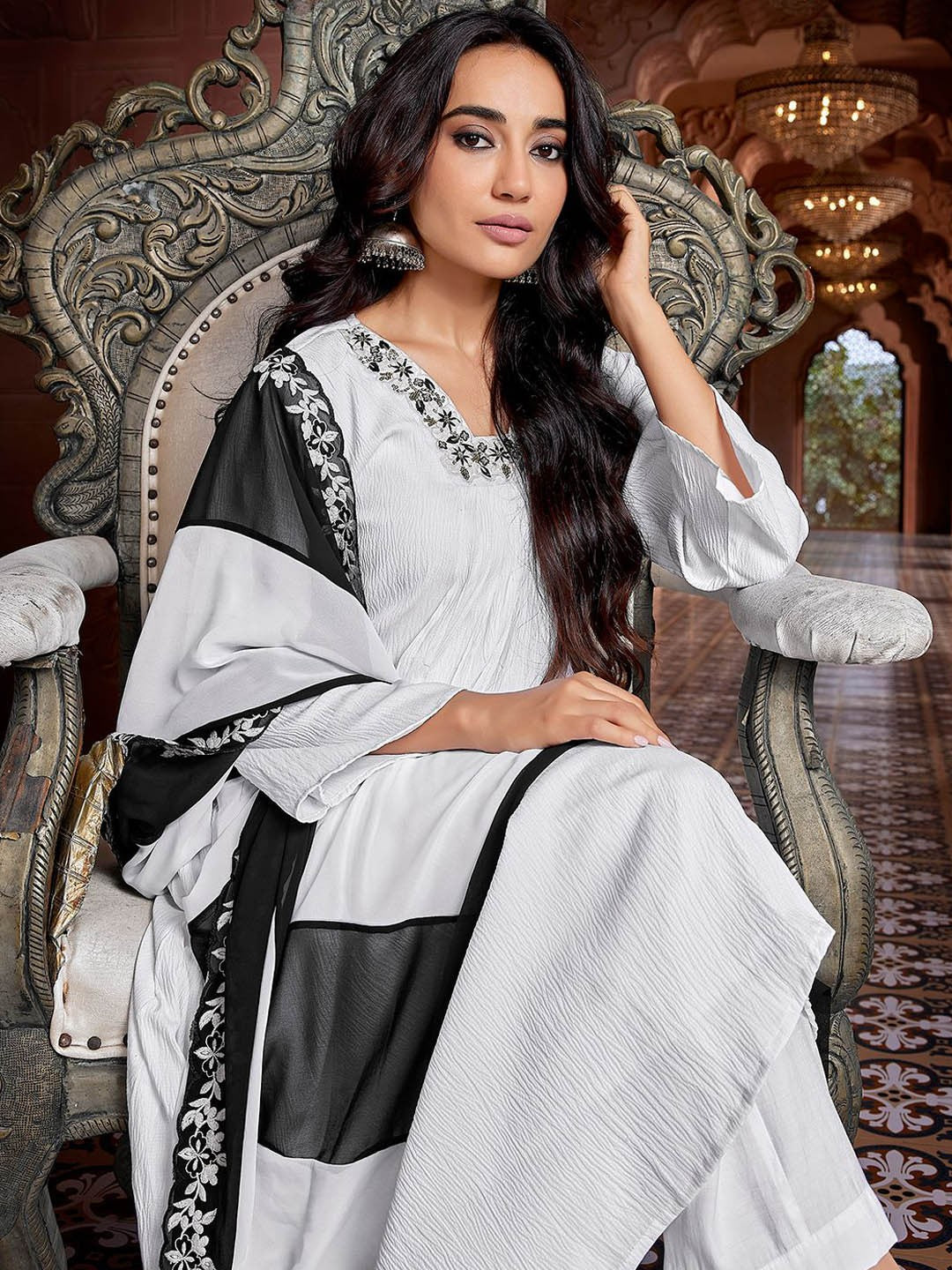 Black and white Yoke n Sequence Design Solid Flared Viscose Kurta Pant with Dupatta, 3pc, TK211