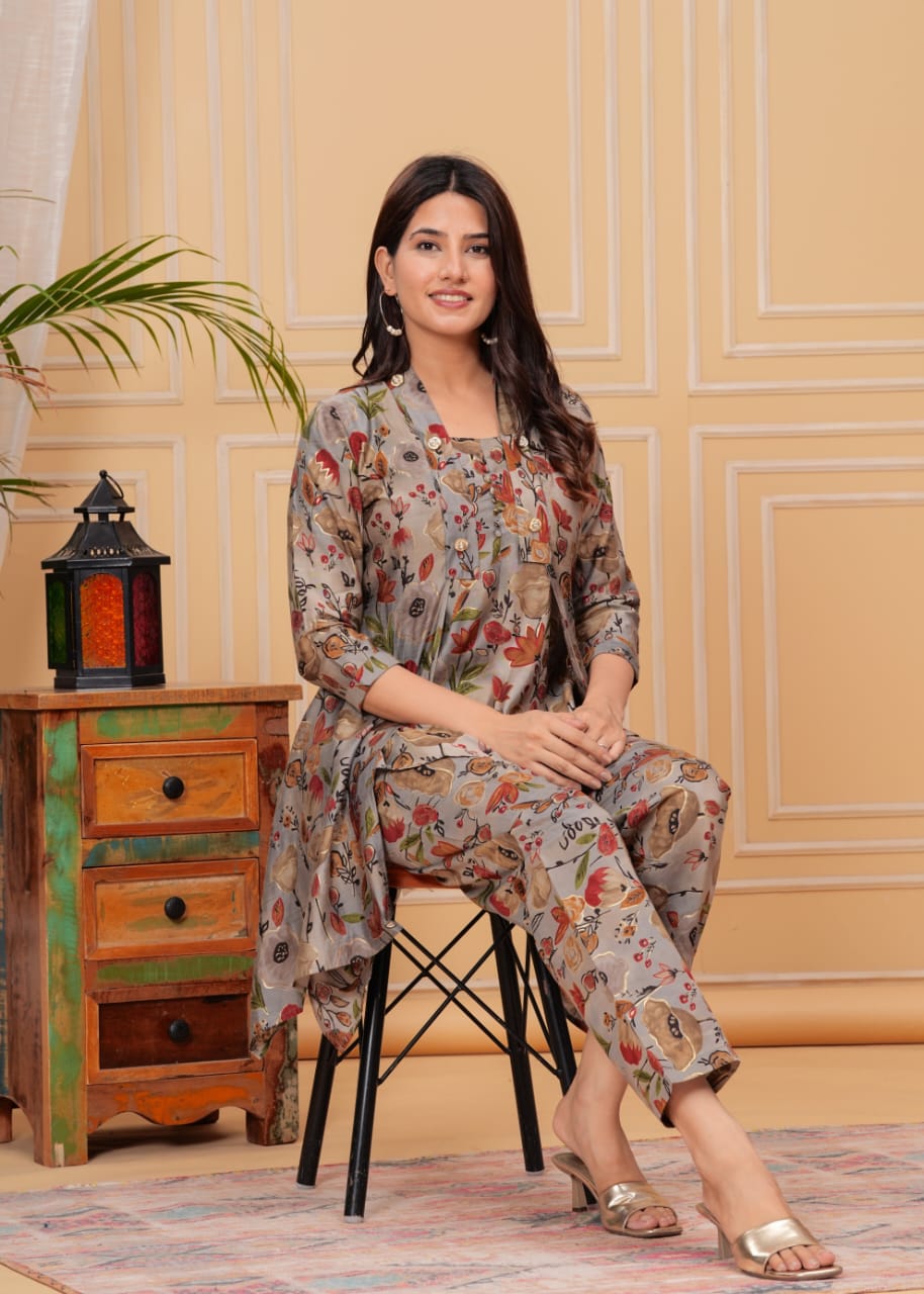 Grey Foil Printed Muslin Long Co-ord set, 2pc, TK139