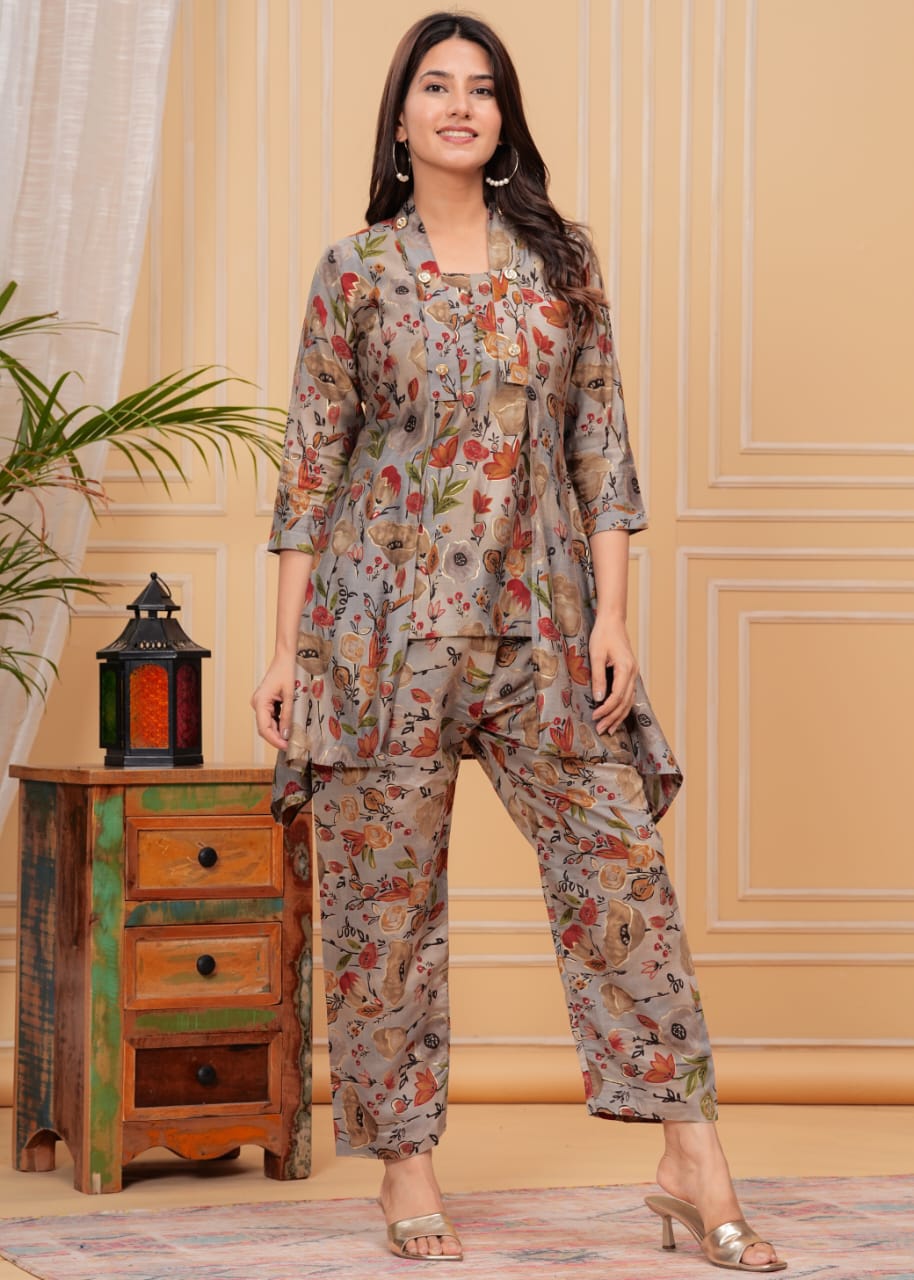 Grey Foil Printed Muslin Long Co-ord set, 2pc, TK139