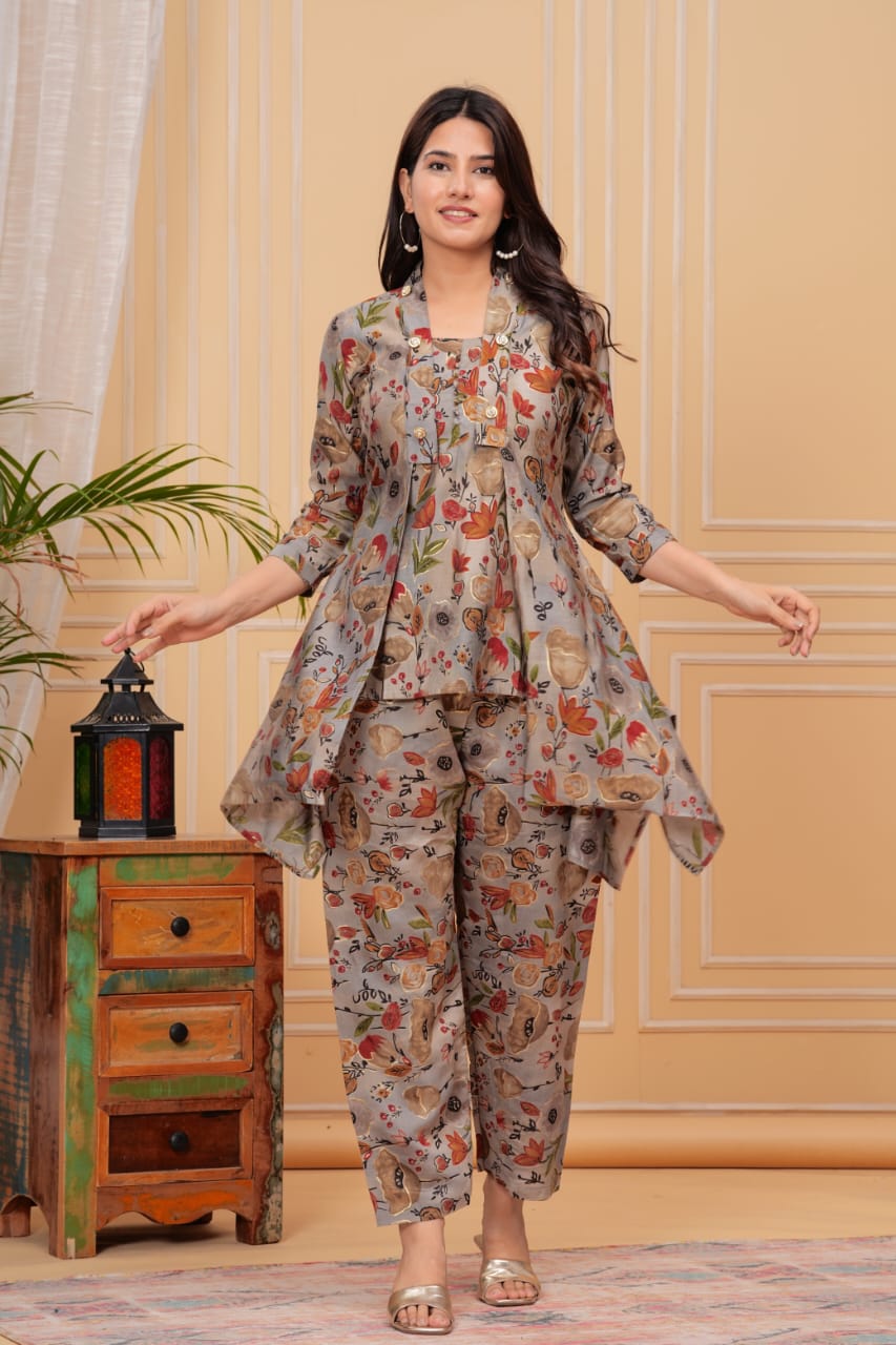 Grey Foil Printed Muslin Long Co-ord set, 2pc, TK139