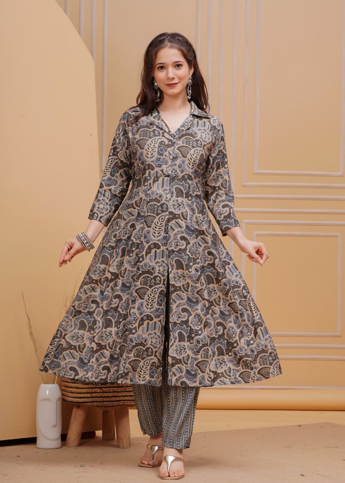 Grey Foil Printed Muslin Long Co-ord set, 2pc, TK141