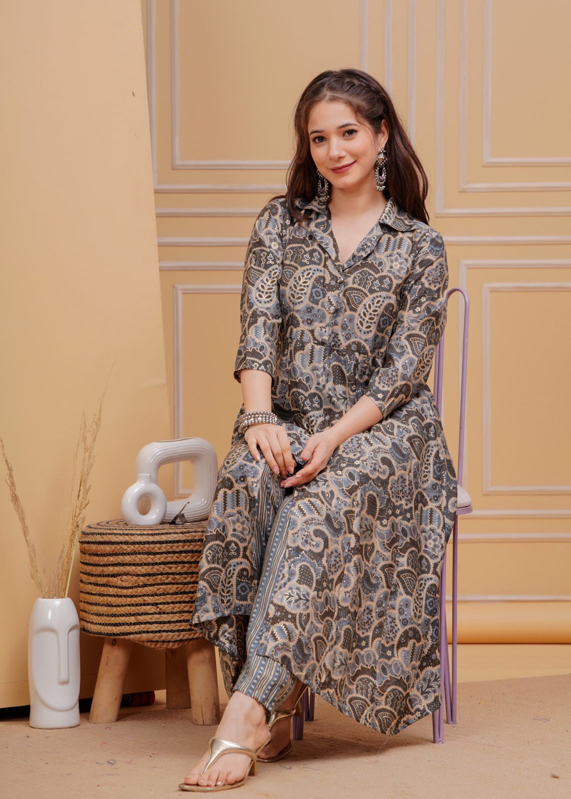 Grey Foil Printed Muslin Long Co-ord set, 2pc, TK141