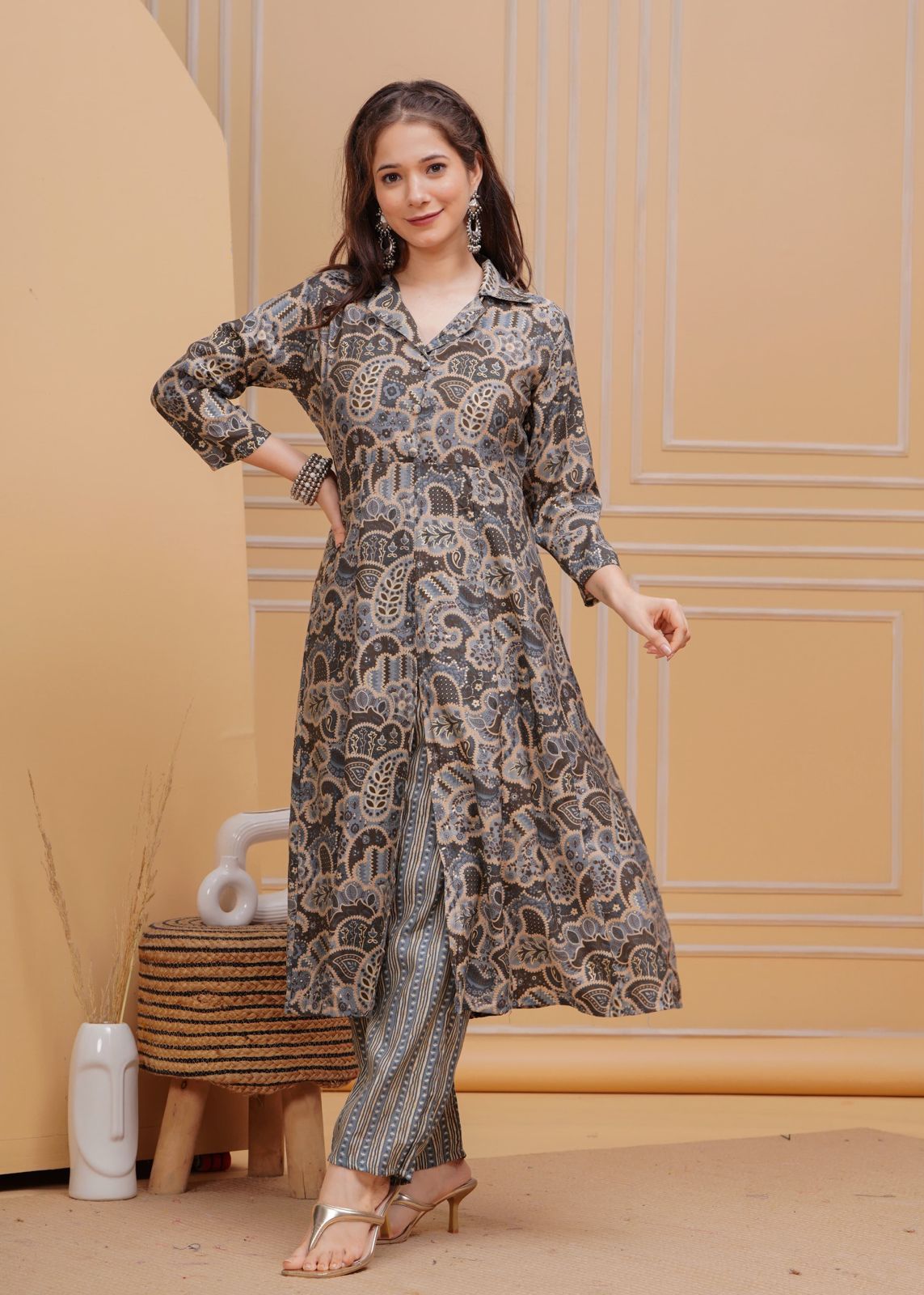 Grey Foil Printed Muslin Long Co-ord set, 2pc, TK141