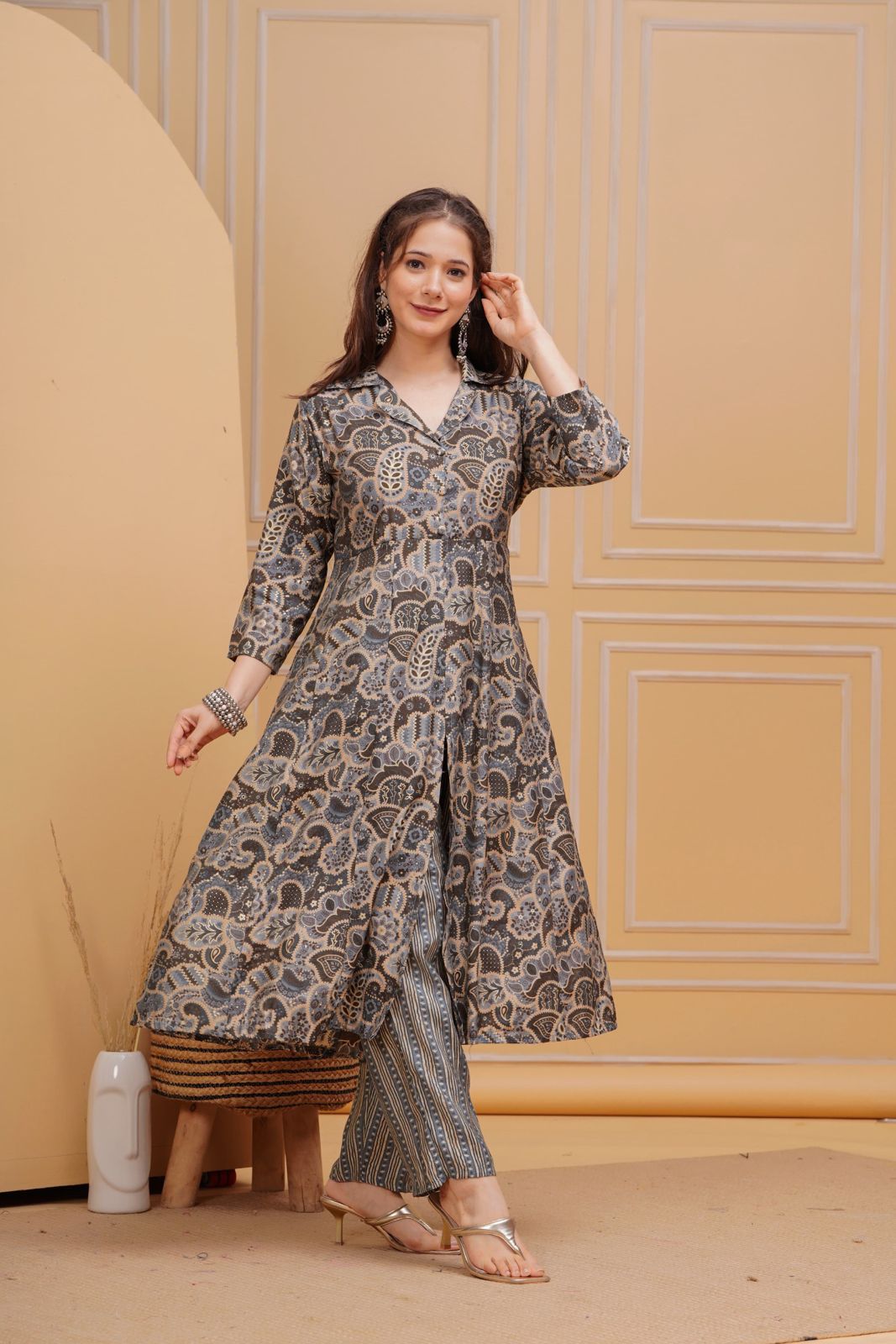 Grey Foil Printed Muslin Long Co-ord set, 2pc, TK141