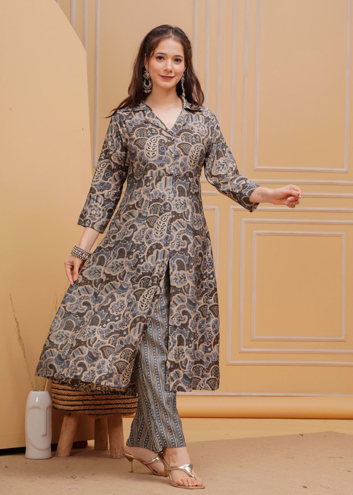 Grey Foil Printed Muslin Long Co-ord set, 2pc, TK141