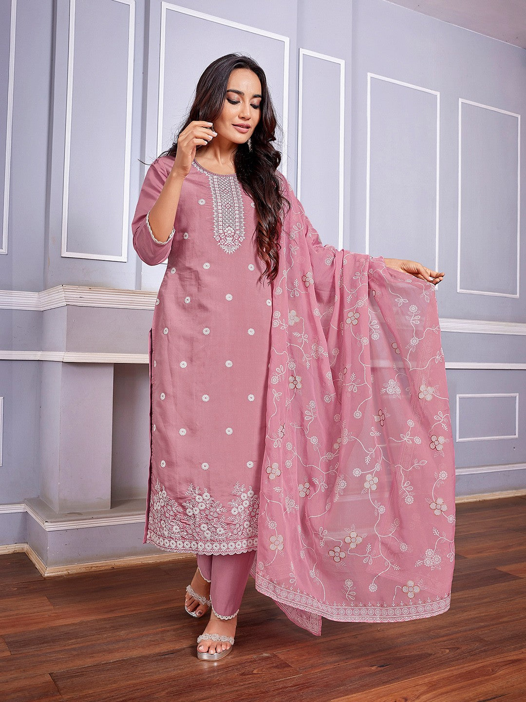 Pink Chanderi Ethnic Motifs Embroidered Straight Kurta Pant with Dupatta, 3pc, TK204