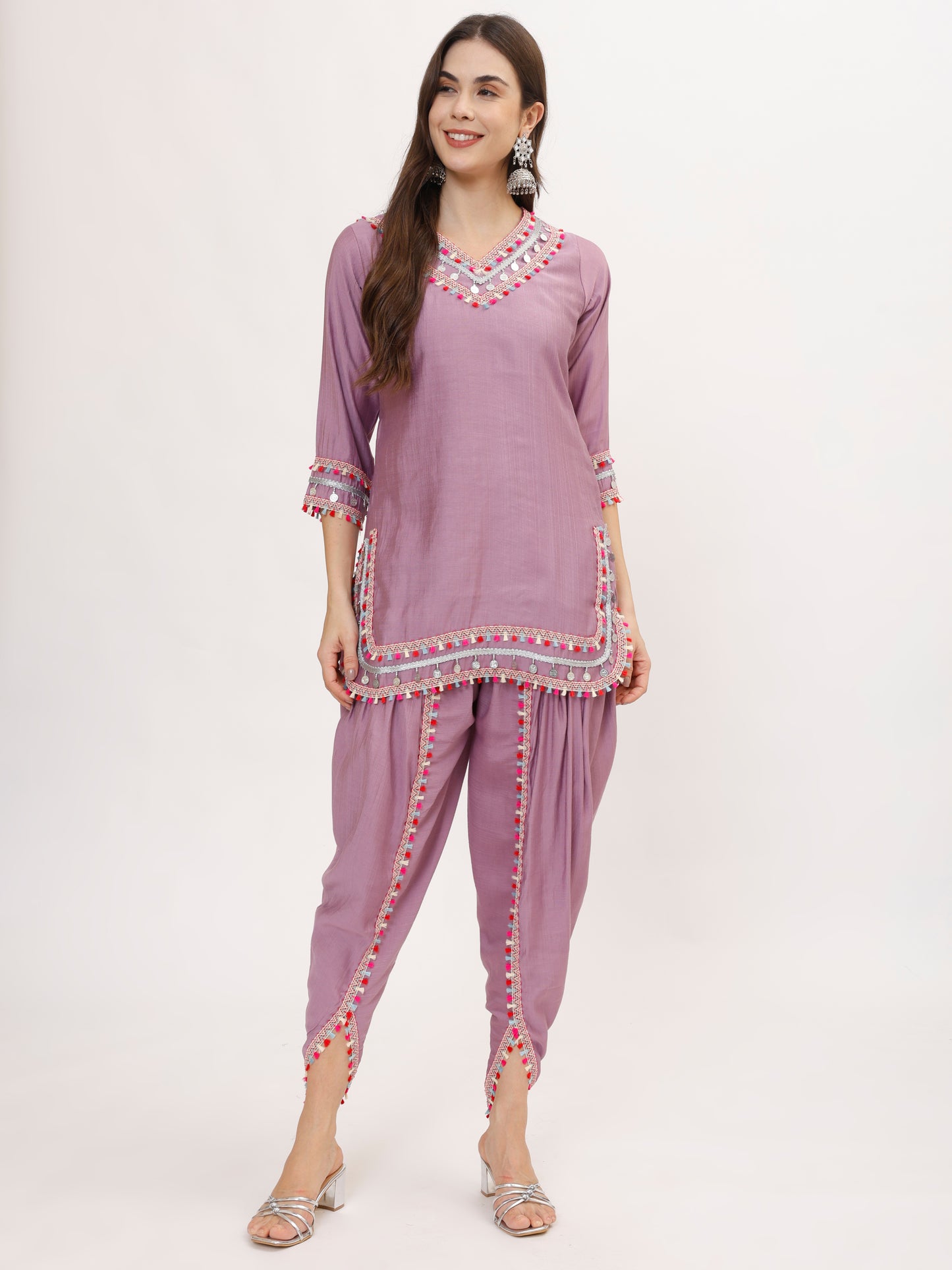 Coin&Tassle designer Royal silk fabric coord set with dhoti & potli - Lilac, TK115