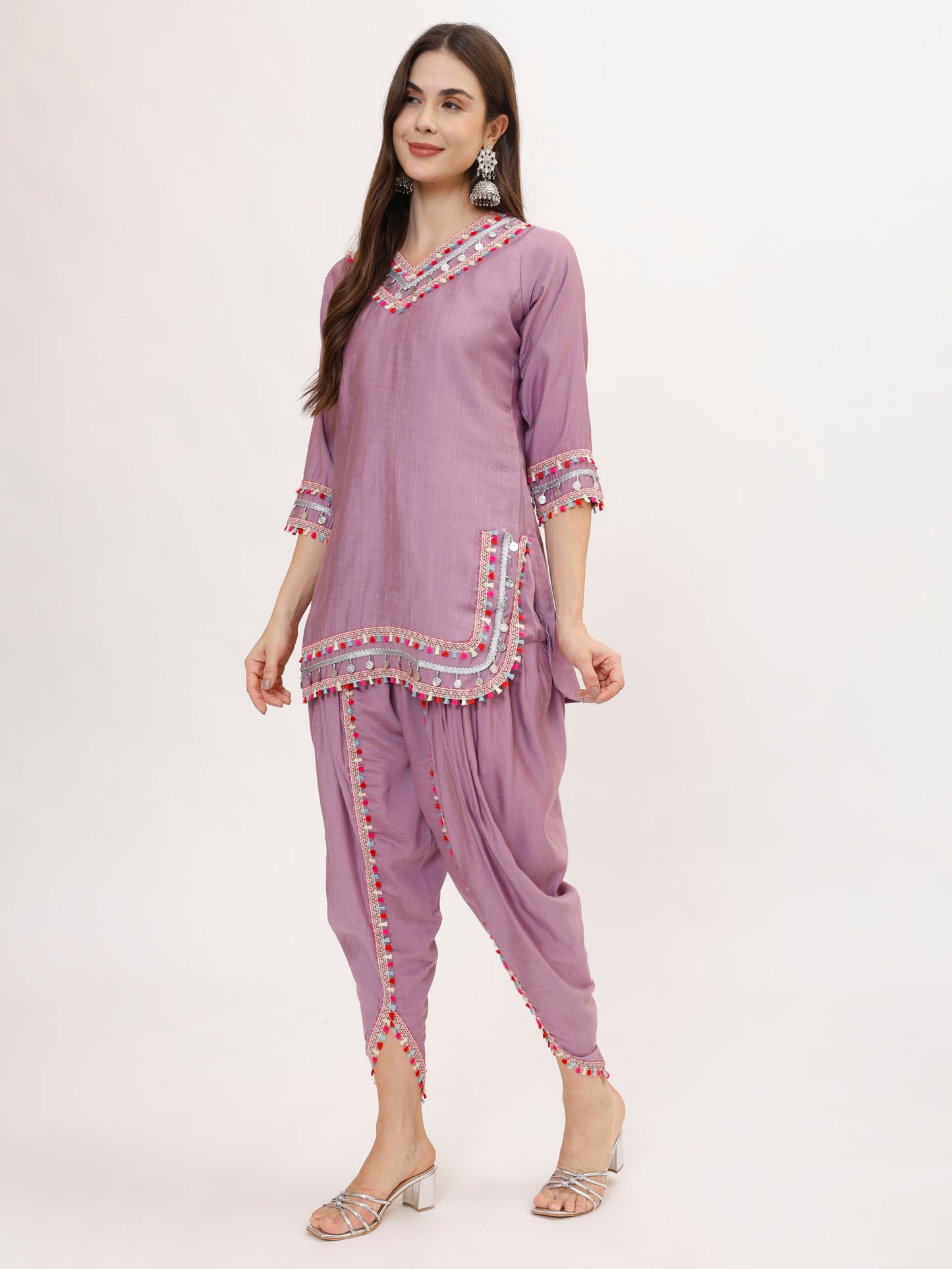Coin&Tassle designer Royal silk fabric coord set with dhoti & potli - Lilac, TK115