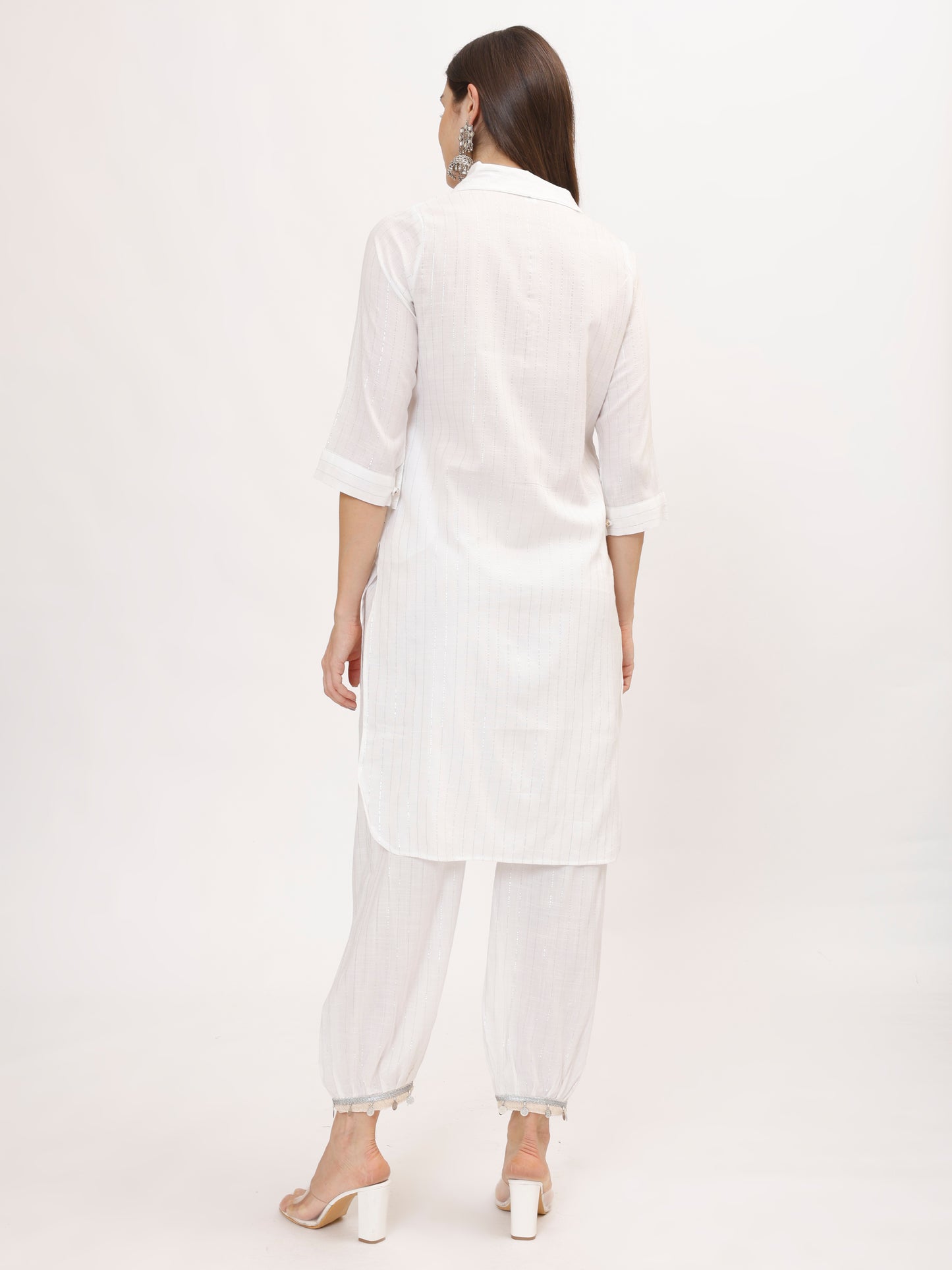 White Lurex Cotton Co-ord set with Coin Lace and Afghani Salwar, 2pc, TK142
