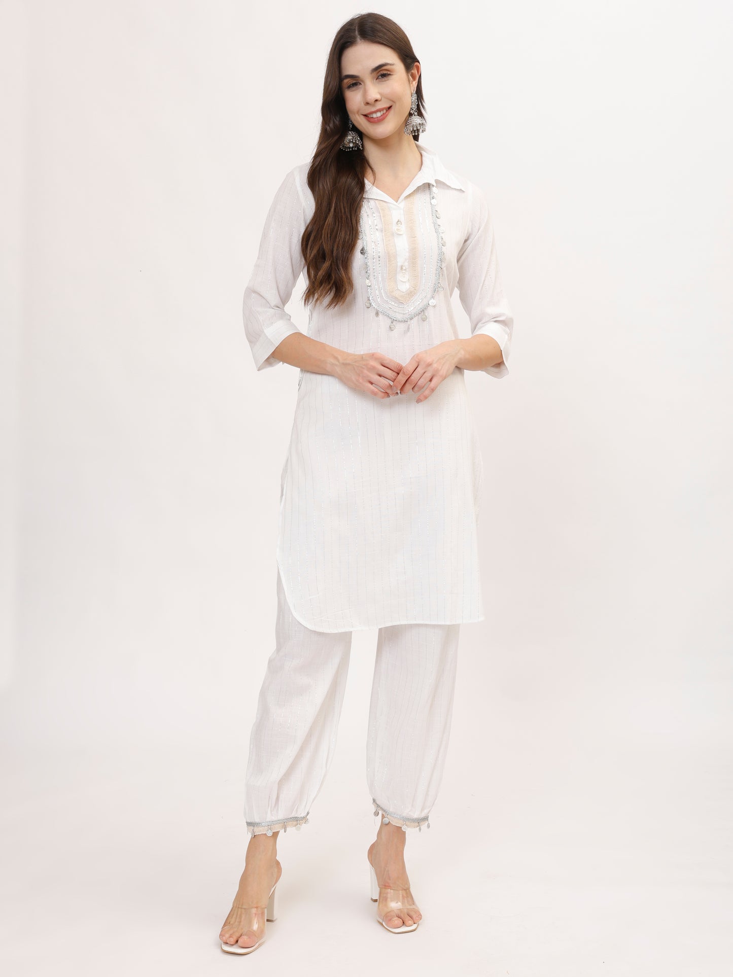White Lurex Cotton Co-ord set with Coin Lace and Afghani Salwar, 2pc, TK142