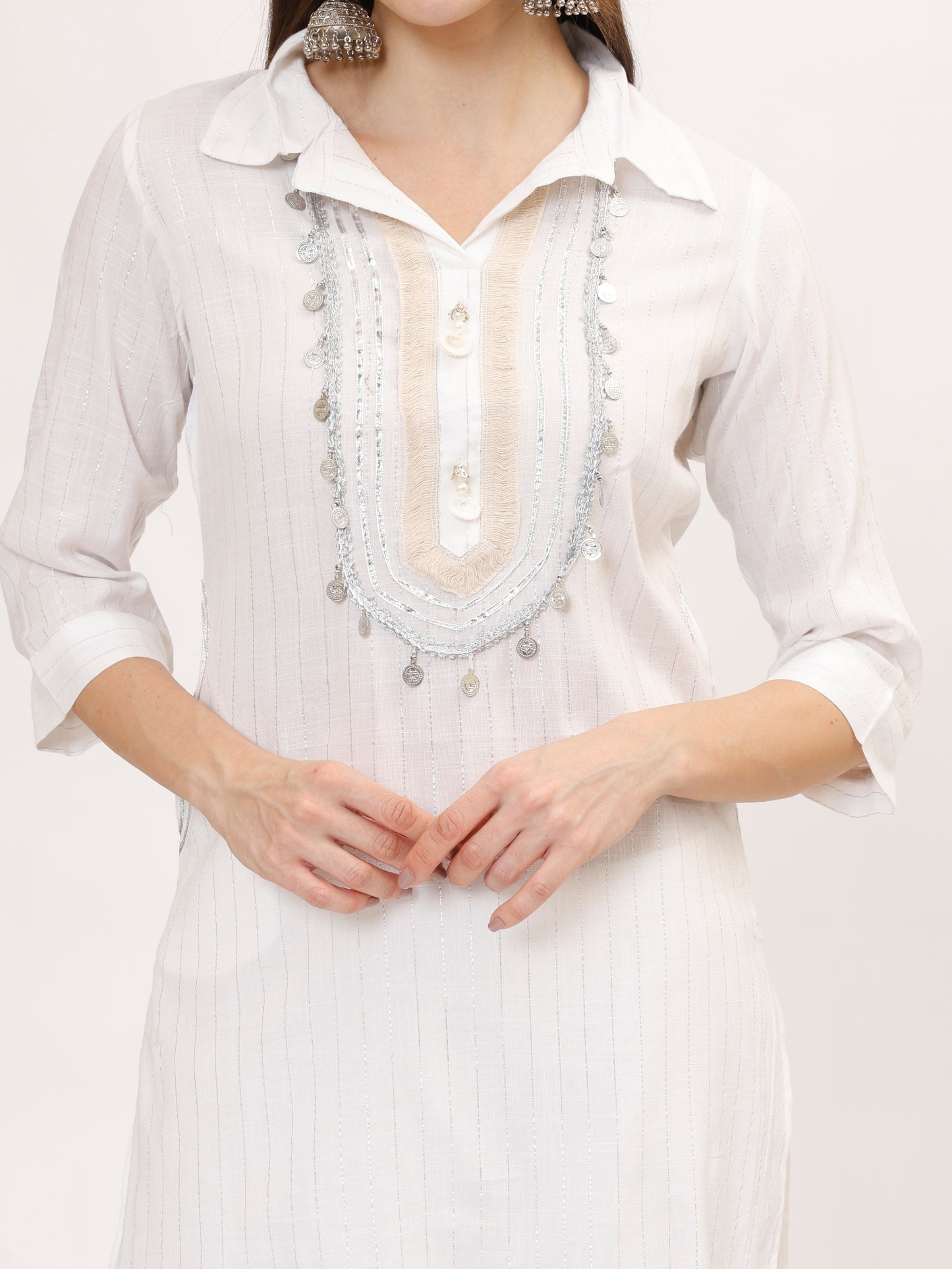White Lurex Cotton Co-ord set with Coin Lace and Afghani Salwar, 2pc, TK142