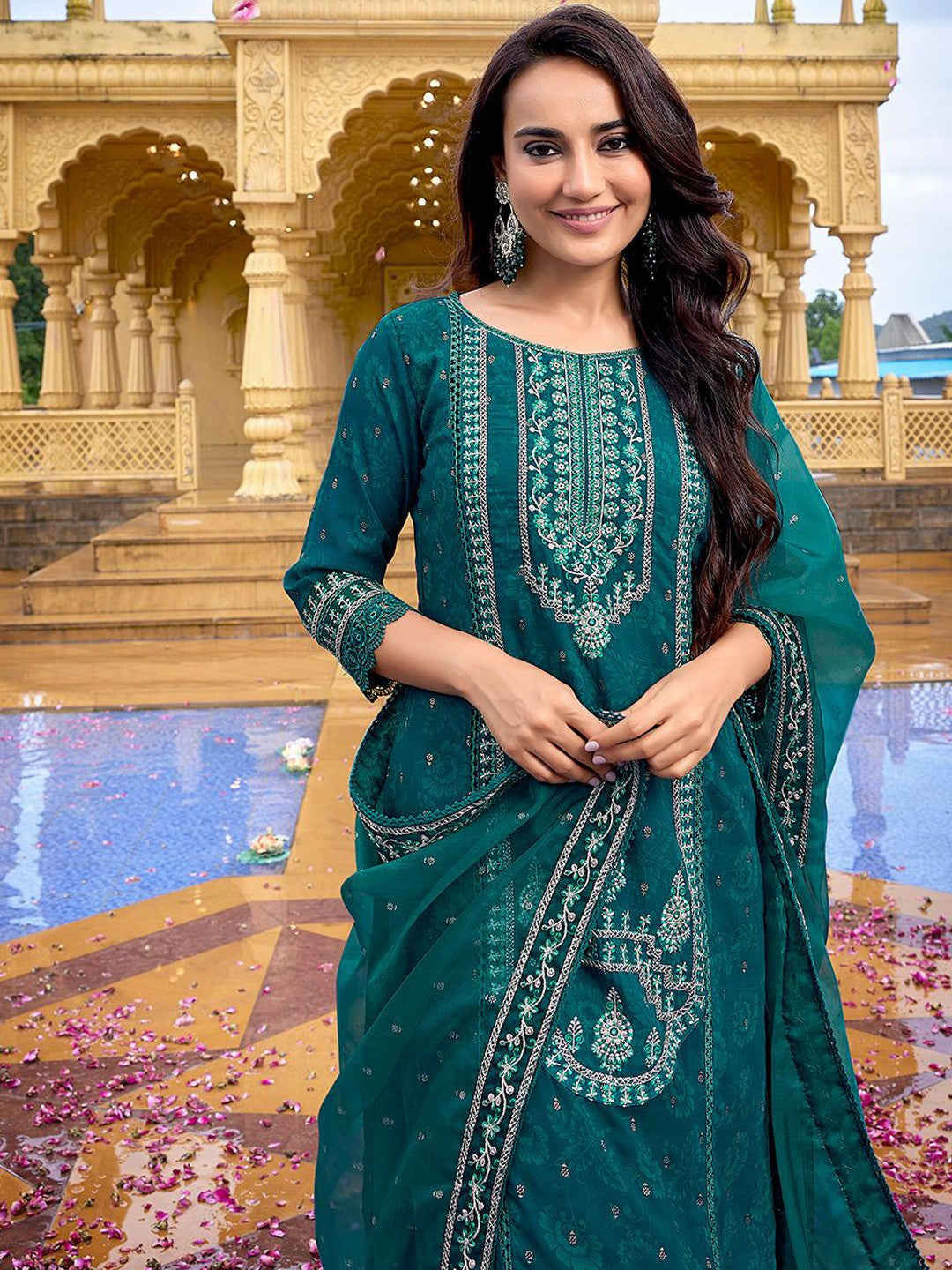 Rama Blue Faux Georgette Ethnic Motifs Embroidered Straight Kurta Pant with Dupatta, 3pc, TK200