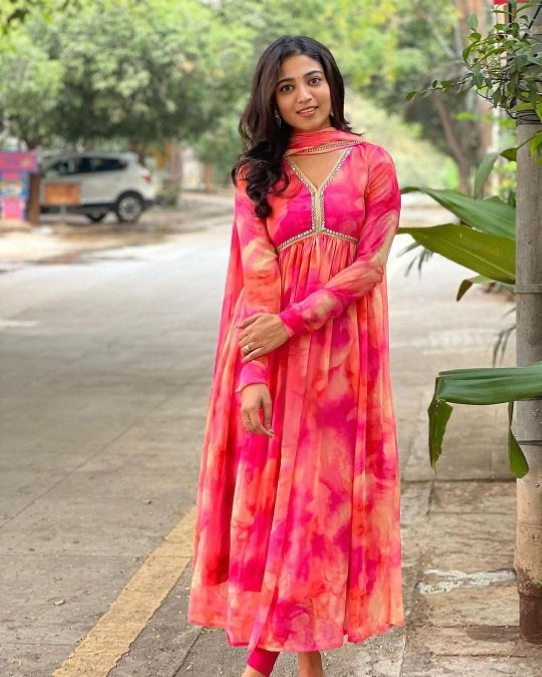 Pink viscose Printed Gown suit set with dupatta, 2pc, TK178 (no pants)